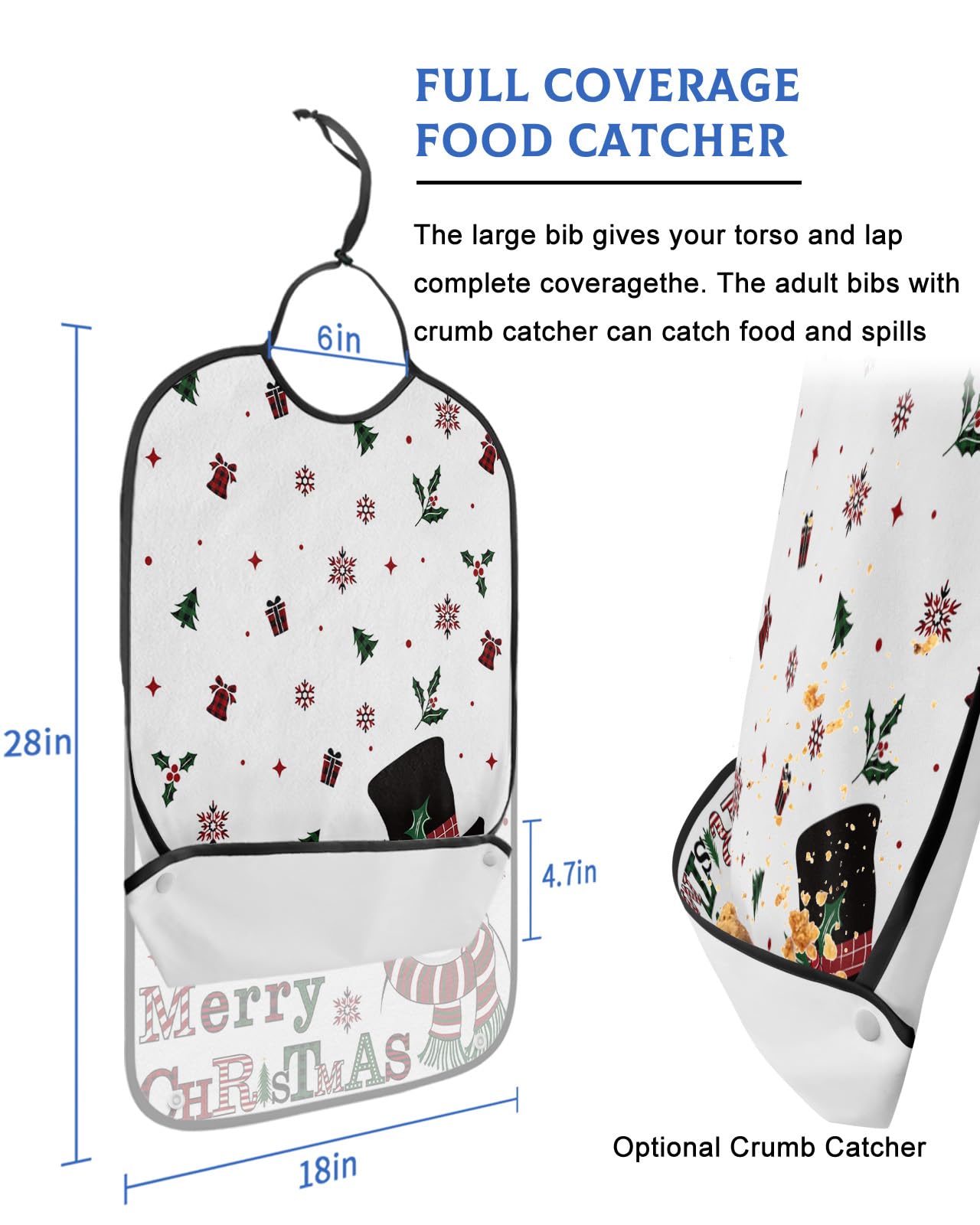Jolunifun White Snowman Adult Bib for Adults Men, Women, Washable & Adjustable Terry Cloth Bib with Crumb Catcher Reusable Waterproof Clothing Clothes Protector Apron Christmas Bell Gift Snowflake