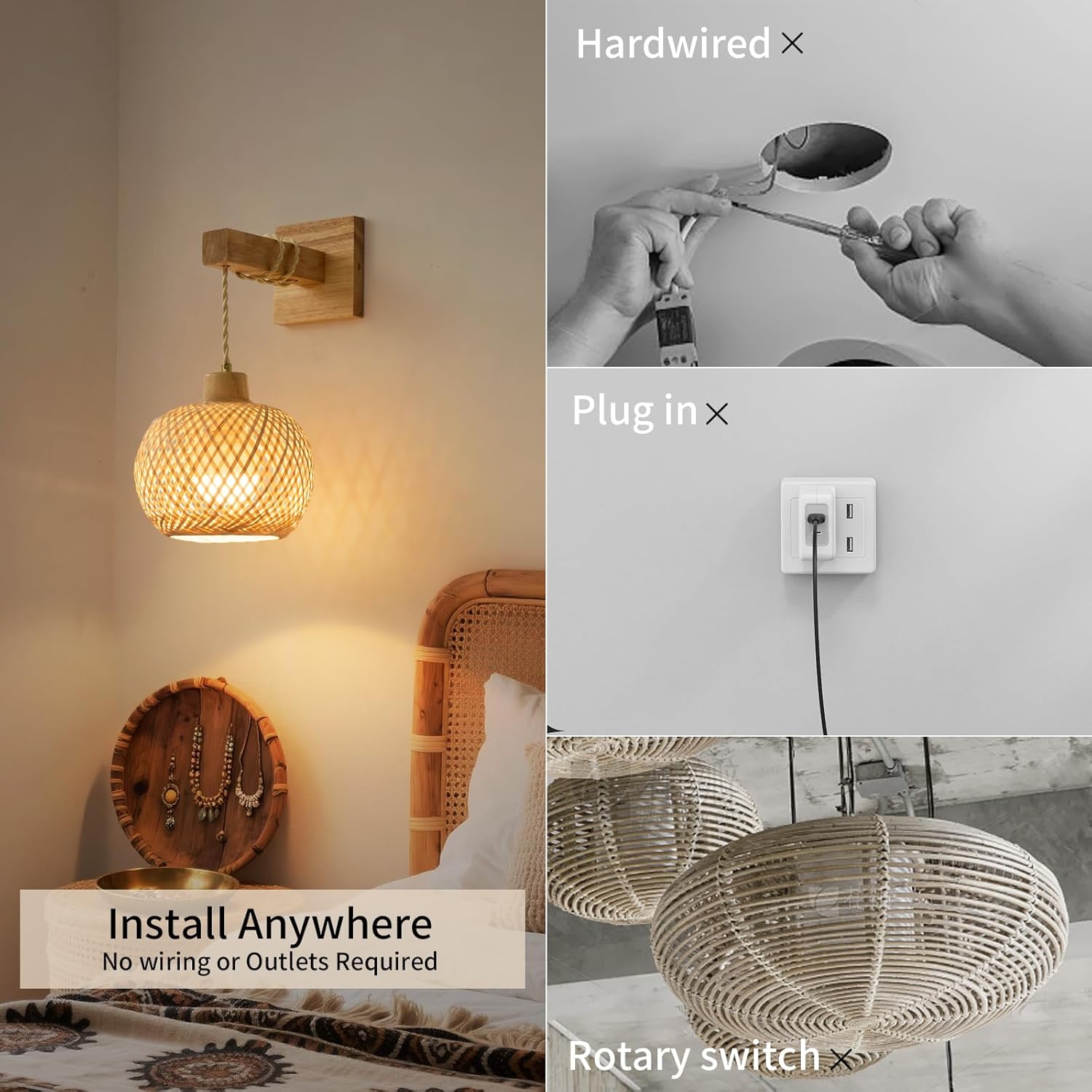 Vitnucrol Bamboo Battery Operated Wall Sconces Set of 2, Rechargeable Rattan Cordless Battery Powered Wall Lights/Lamps with Remote, Woven Boho Wireless Decor Lighting Fixture for Living Room Bedroom
