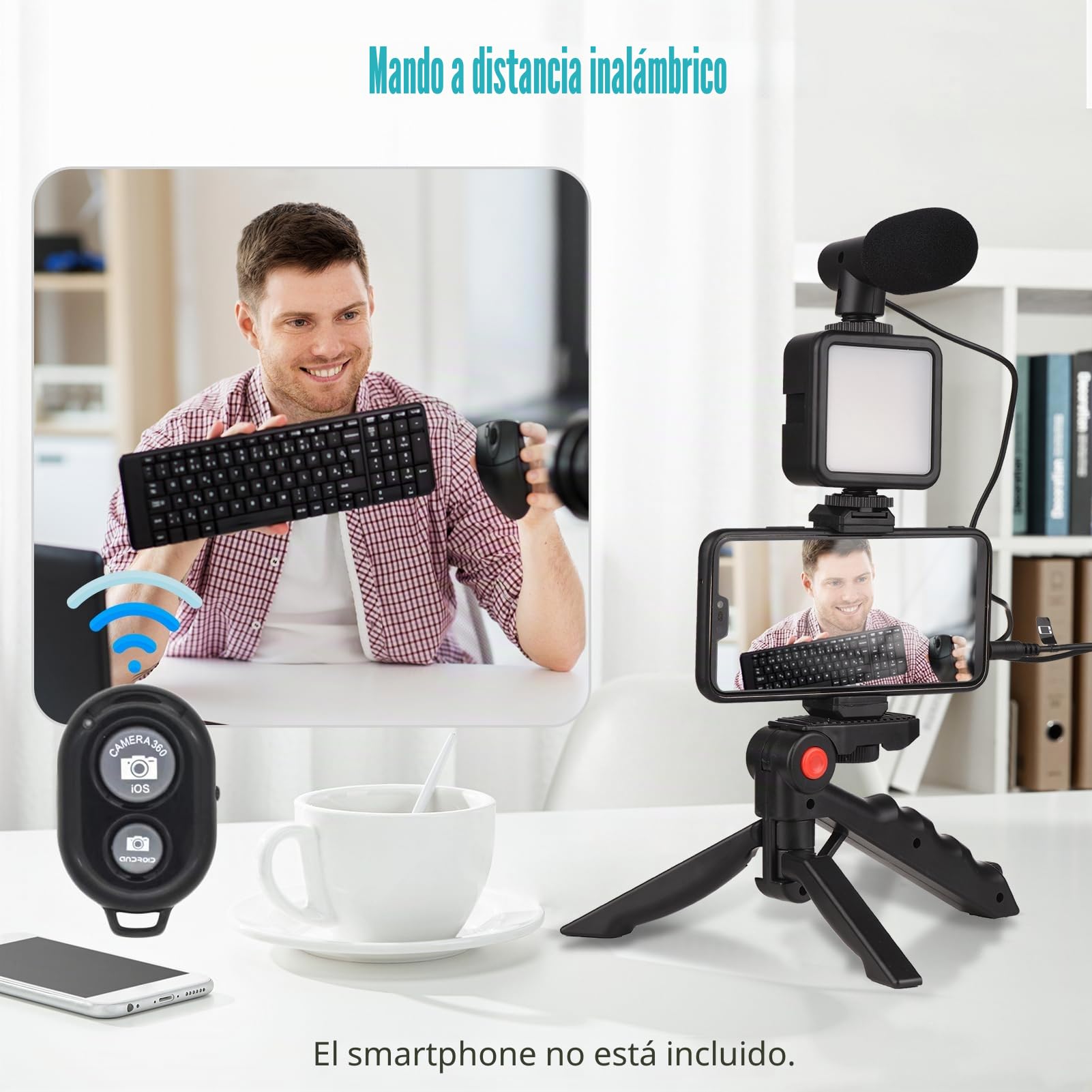 Andoer Kit de video para teléfono, luz LED cardioide + micrófono + clip extensible + trípode con brillo ajustable para vlog y transmisión en vivo