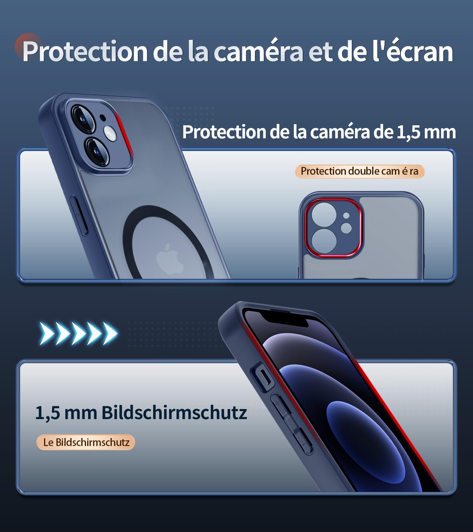 FLLAO Cover Magnetica per iPhone 12 e 2 Pellicole in Vetro Temperato, Cover iPhone 12 Compatibile con Magsafe, Custodia Traslucida Opaca Posteriore Sottile Antiurto Protettiva Case, Blu Tempesta