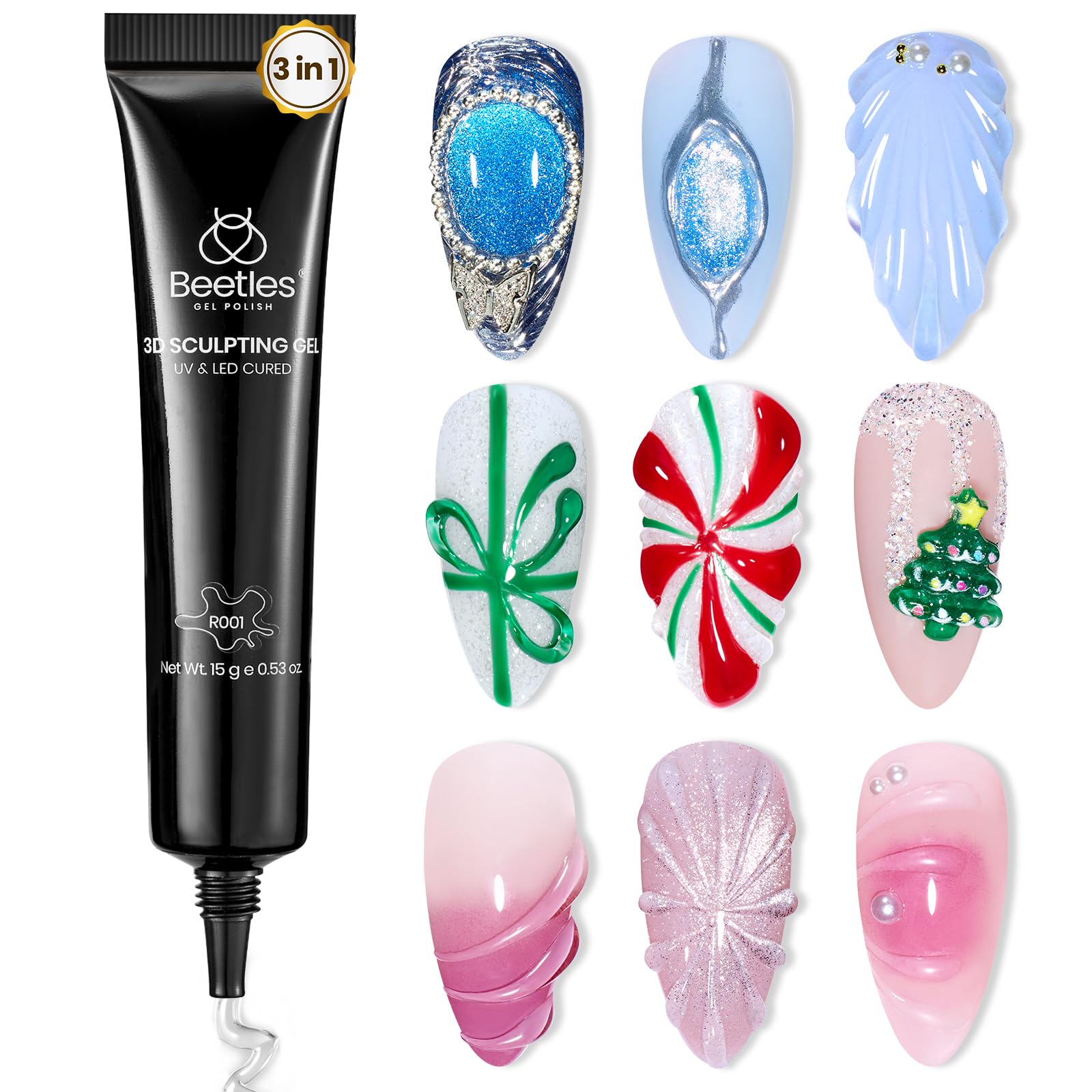 Beetles 3D Gel Nail Art, 1Pcs 15ml Sculpting Gel 3 in 1 Clear No Wipe Nail Polish Rhinestone Art Glue for Nail Gems Diamond Jewelry U V LED Lamp Needed DIY Home Salon Christmas Nails Gifts for Women