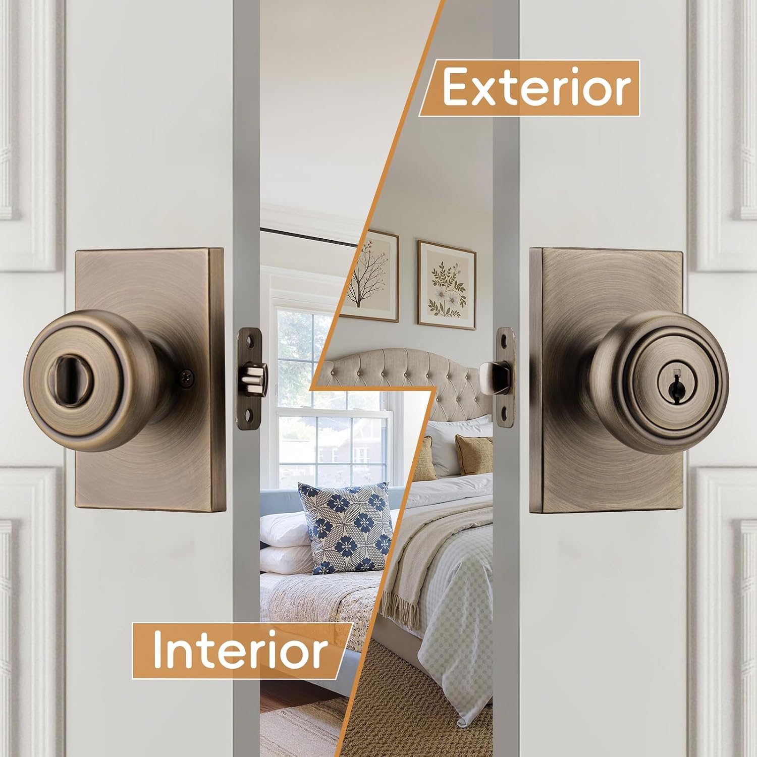 Keyed Exterior Door Knob,Antique Brass Coastal Door Knob with Lock | Rectangle Plate for Heavy Duty, For Living Room & Bedroom