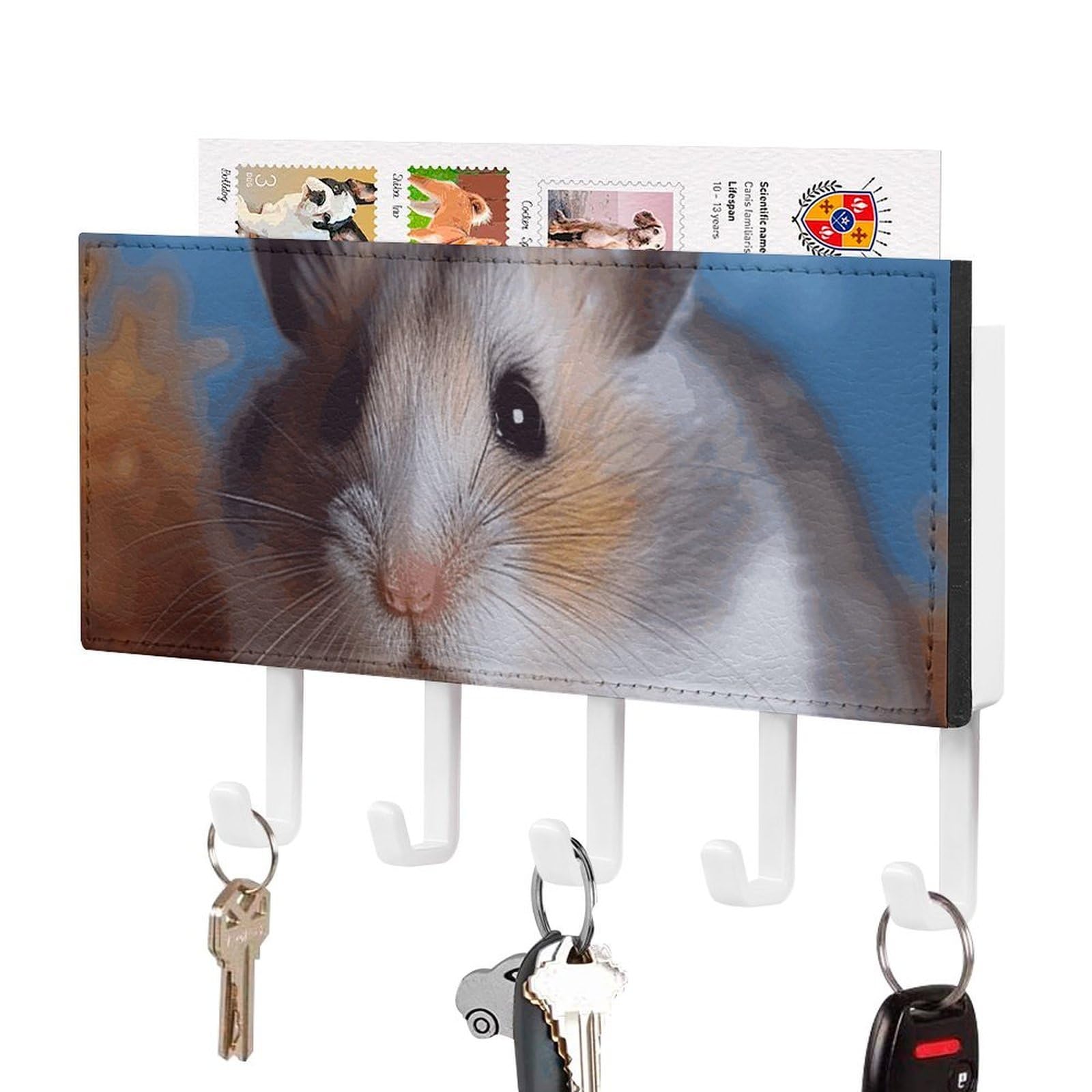 DWVTSLH Hamster Key Holder for Wall, Decorative Key Hooks with Mail Organizer & 5 Hooks, Self Adhesive Leather Key Hanger for Entryway, Wall Mounted Key Rack (7.1” X 4.3” X 0.9”)