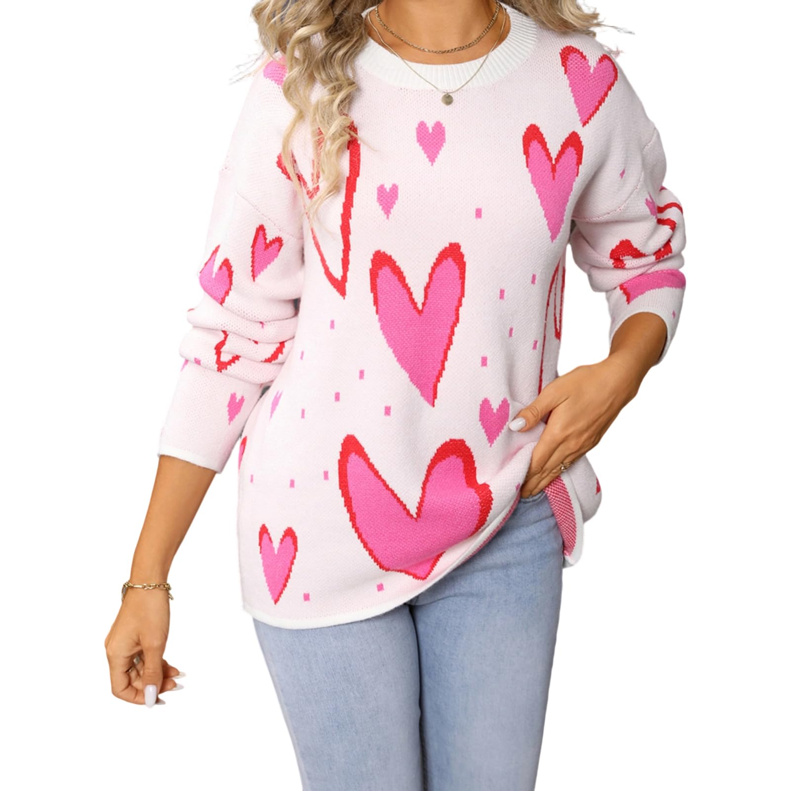 Womens Oversized Valentines Day Sweater Heart Crewneck Long Sleeve Pullover Casual Trendy Winter Sweaters Tops