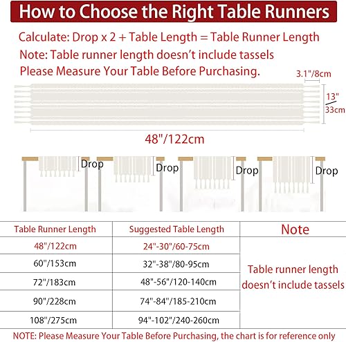 Miniatura 5 de Camino de mesa rústico bohemio, camino de mesa de lino, caminos de mesa de granja de 48 pulgadas de largo para decoración de mesa de comedor, 13 x