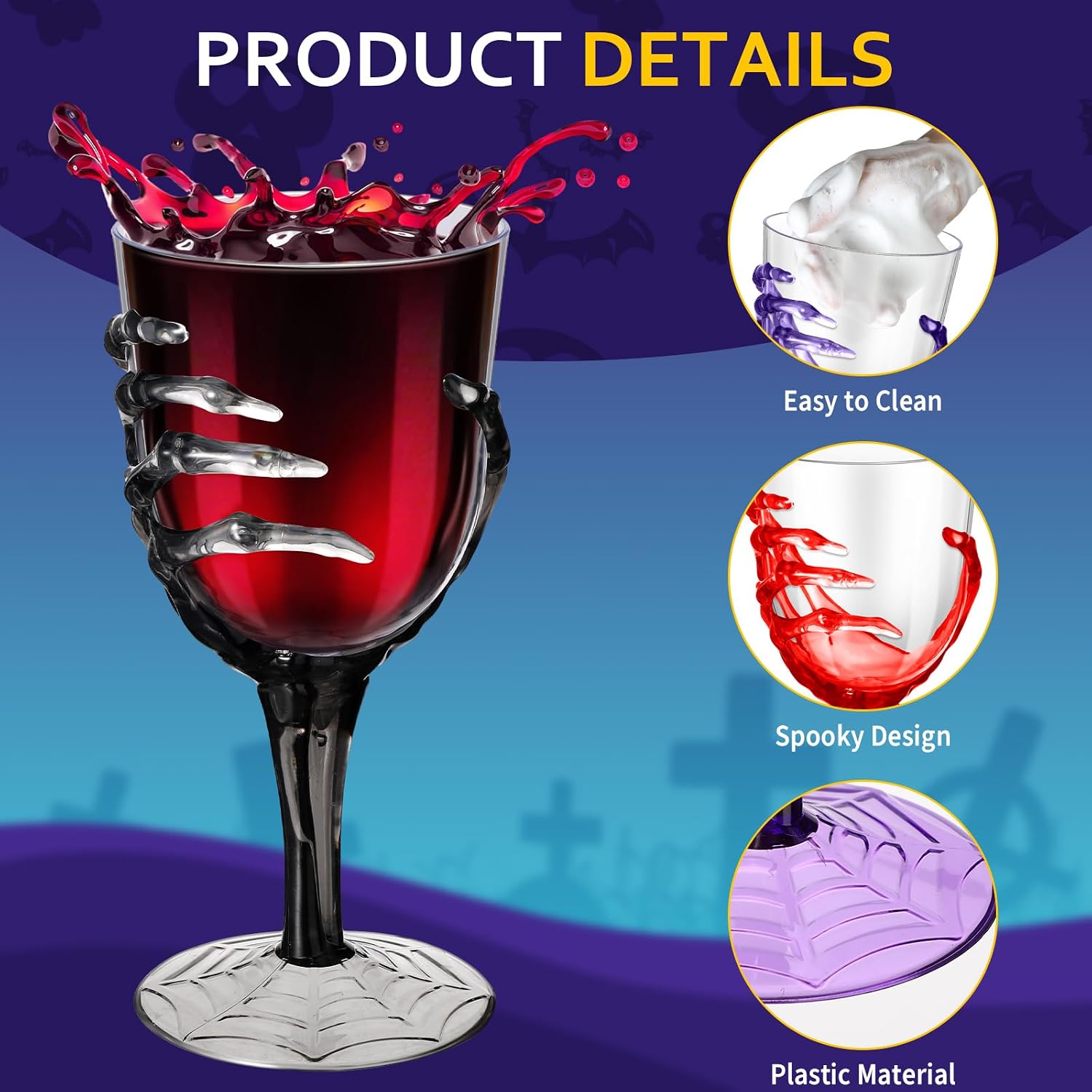 Yinkin 6 Pcs Halloween Skeleton Hand Plastic Goblets 8-10 oz Skeleton Hand Champagne Flutes Spooky Creepy Cups Stemless Clear Wine Glasses for Halloween Decorations Haunted House Party
