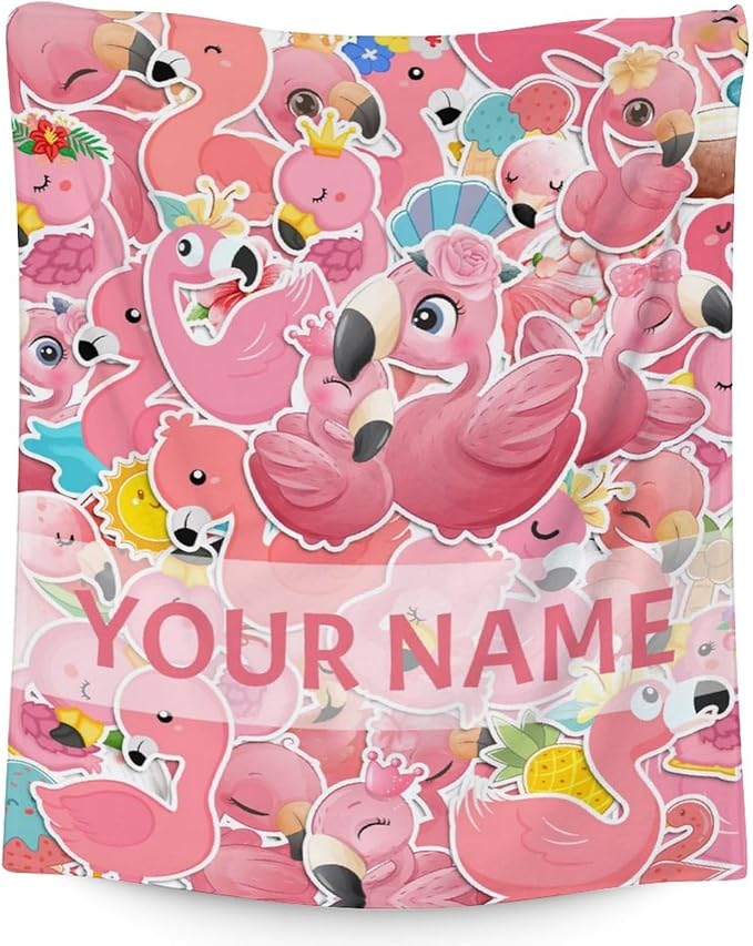 Personalized Flamingo Blanket Gifts with Name - 60x80 Inches Cute Throw for Women & Girls - Pink Soft Fuzzy Blankets for Bed, Couch & Living Room