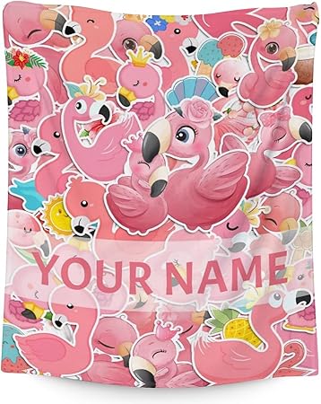 Personalized Flamingo Blanket Gifts with Name - 60x80 Inches Cute Throw for Women & Girls - Pink Soft Fuzzy Blankets for Bed, Couch & Living Room