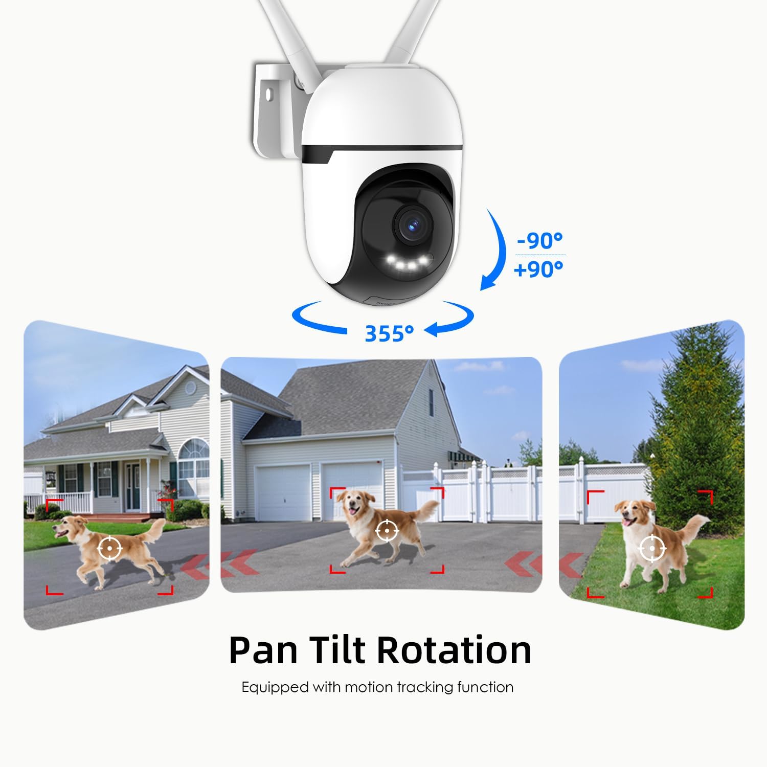 Diagram showing the Potegrap camera's 355-degree pan and 90-degree tilt rotation, with three views of a dog in a yard.