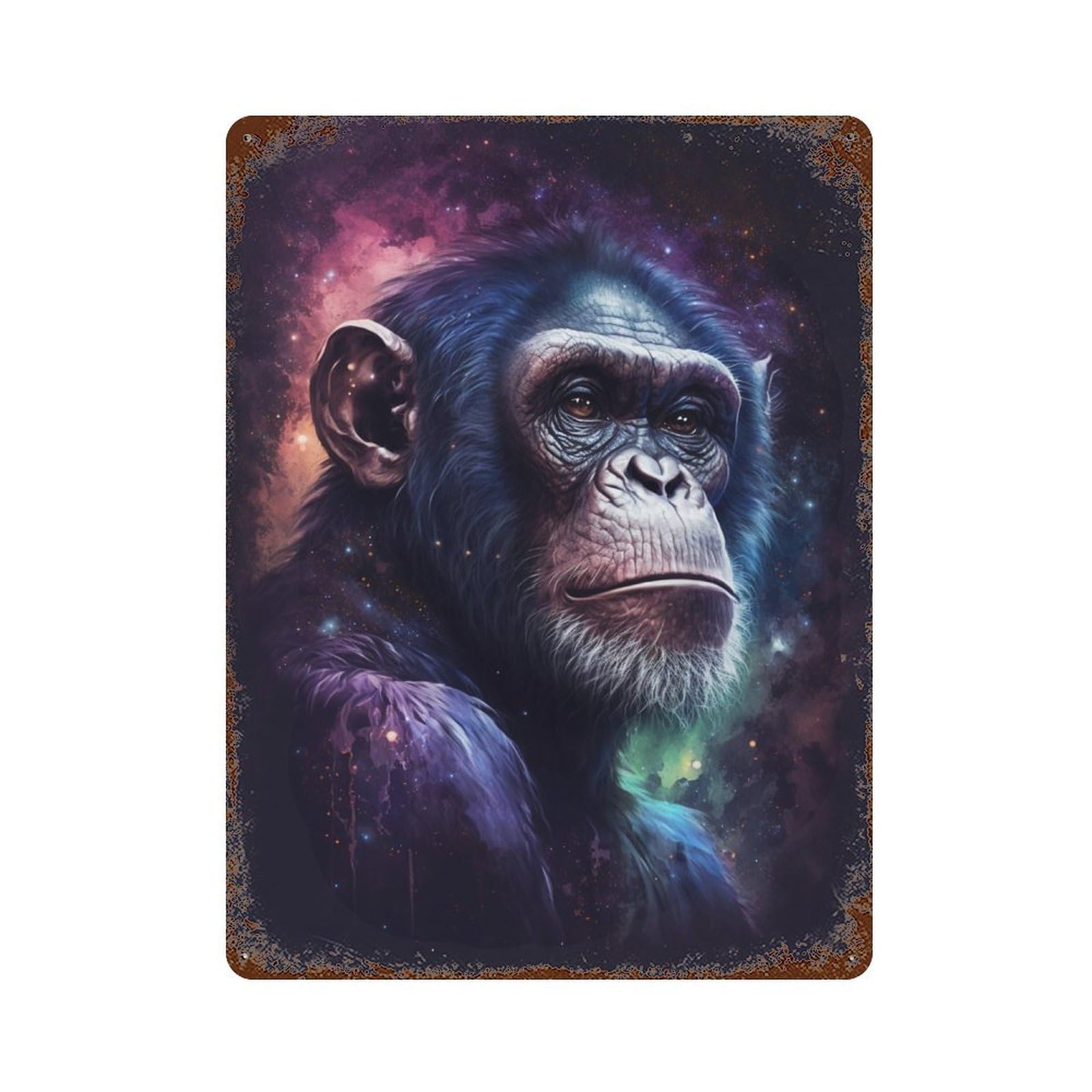 Chimpanzee in Space Art Print-2 Rust Effect Tin Sign 15.7"x11.8", for Farmhouse, Kitchen And Entryway Decor, Decorative Metal Wall Art