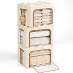 Yecaye 4 Pack Clothes Storage Bins with Metal Frame, 40L Foldable Storage Bin for Clothes, Stackable Metal Frame Storage Box with Lid, Linen Fabric Box Organizer with Clear Window & PU Handles,Grey
