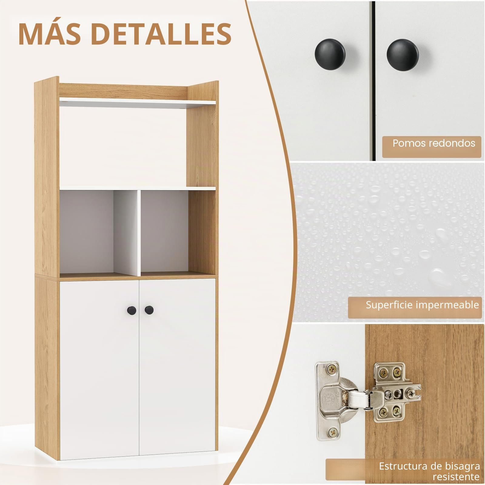 KOMFOTTEU Estantería de Madera de 3 Niveles, Librería Alta con 4 Estantes Abiertos y Armario con 2 Puertas, Mueble de Almacenamiento para Salón, Dormitorio, Estudio, 60 x 30 x 133 cm