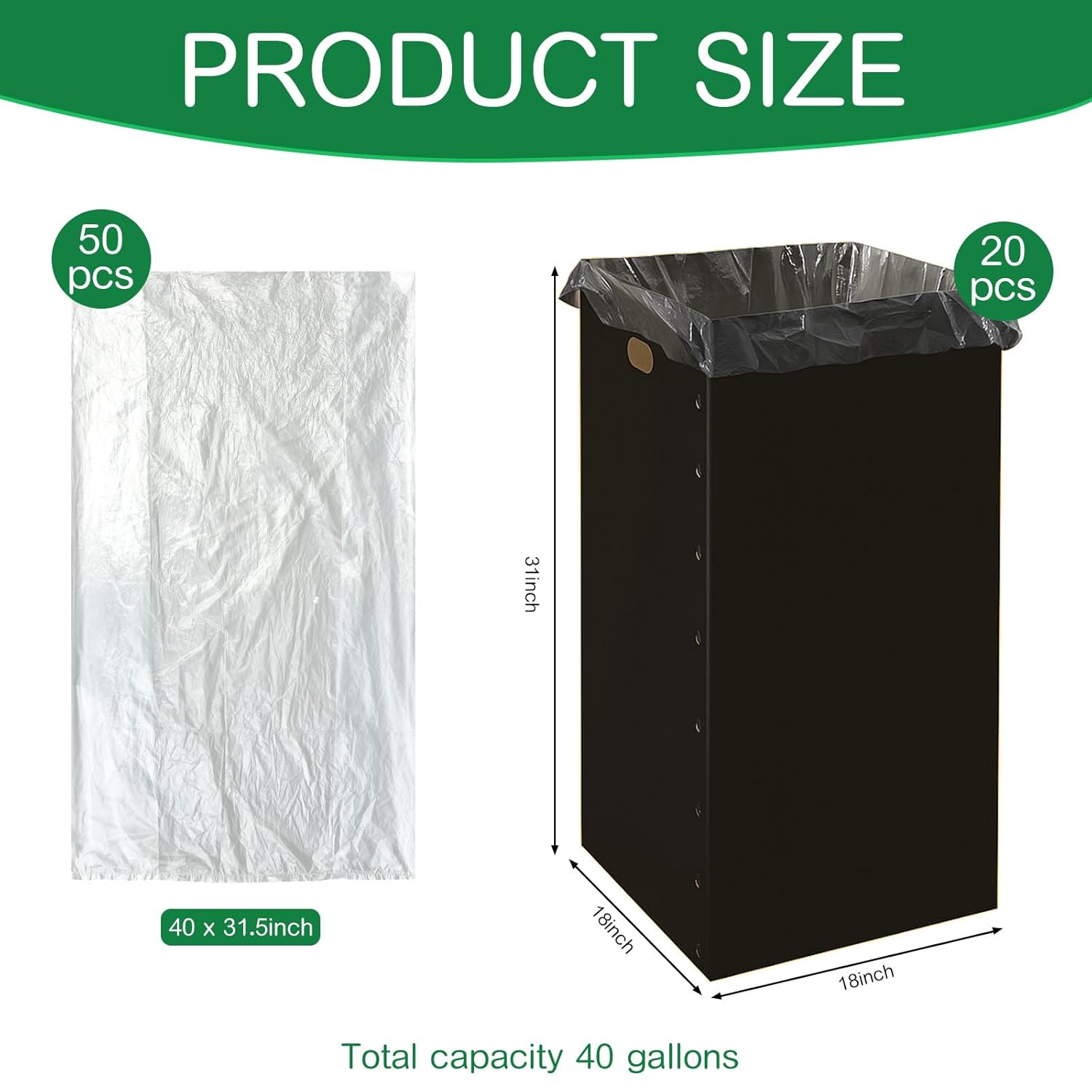 Nosiny 20 Pcs 40 Gallon Disposable and Reusable Corrugated Cardboard Trash Cans for Events, Recycling Bins Bulk with Trash Bags, Cardboard Garbage Boxes for Parties, 18 x 18 x 31 (Black)