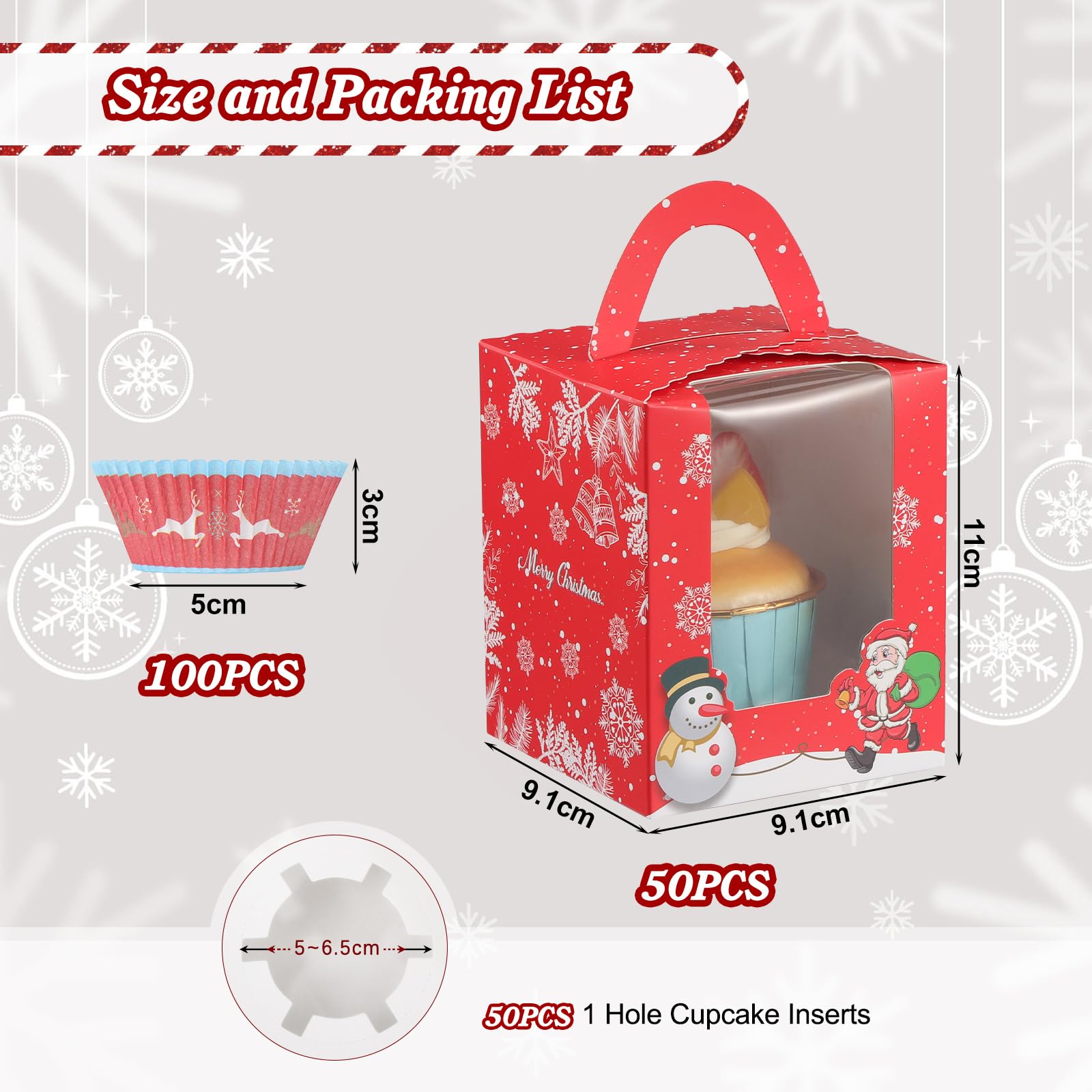 TsunNee 50pcs Christmas Muffin Boxes & Liners - Cupcake Carrier, Gift Boxes for Pastries Cookies, Brownies & Donuts - Image 2