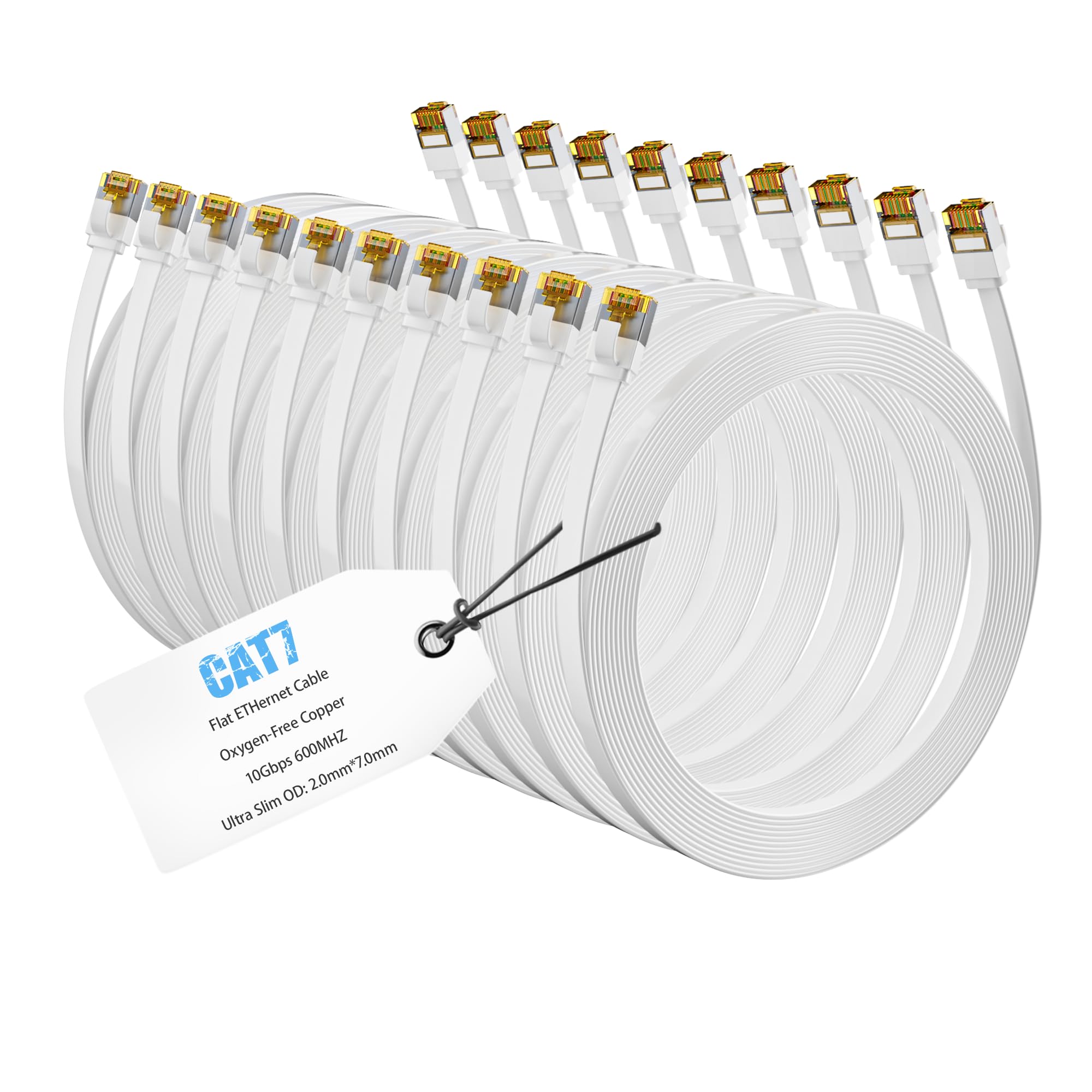 Mygatti 2 Meter/10 Stück Cat7 Flach und Dünn Ethernet Kabel-Weiß,Hochgeschwindigkeits-LAN-Kabel,10 Gbit/s 600 MHz FTP Internetkabel mit RJ45-Stecker,für POE-Kamera,Router,Switch,Modem