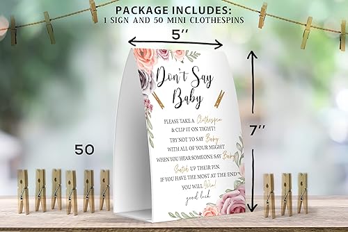 Miniatura 2 de Juego de texto en inglés "Don't Say Baby", un letrero de 5 x 7 pulgadas y 50 mini pinzas para la ropa, juegos de baby shower, decoración de baby