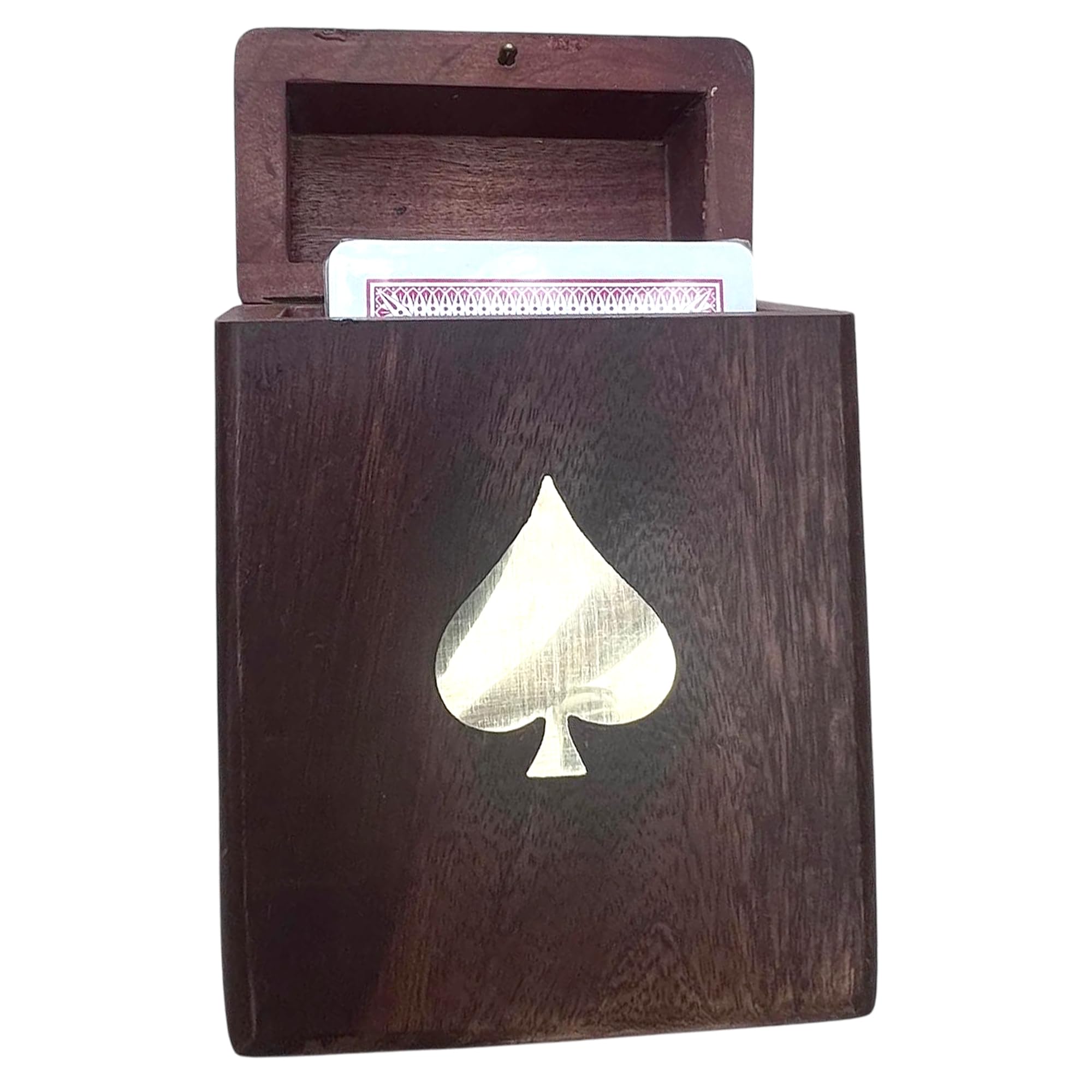 Thorness Handcrafted wooden playing card box in brown with Ace of Spades design, stylish storage for card enthusiasts