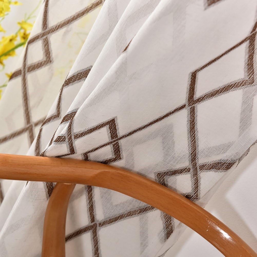 NAPEARL Voile Curtains, Pencil Pleat Voile Curtains with Geometric Patterns 63 Inches Long, Sheer Privacy Curtains for Living Room, Bedroom, Set of 2 Panels (Each 52 x 84 in, Brown)
