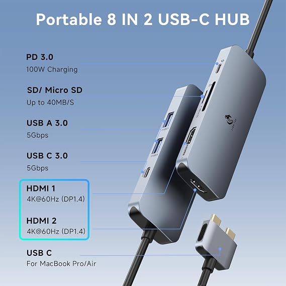 Docking Station for MacBook Pro Air, LIONWEI USB C Docking Station Dual Monitor, Dual HDMI Adapter Hub for Mac MacBook Pro with 2 HDMI, 3 USB 3.0, SD TF Card Reader and 100W PD USB C Charging Port