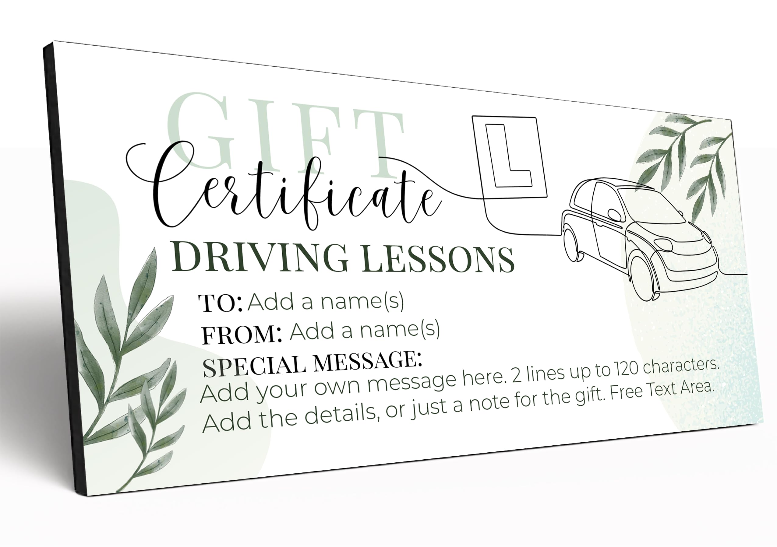 The Plum Penguin Customisable Gift Certificate 6mm MDF Personalised Gift Voucher Experience Event Gift Elegant Botanical Design (Driving Lessons)