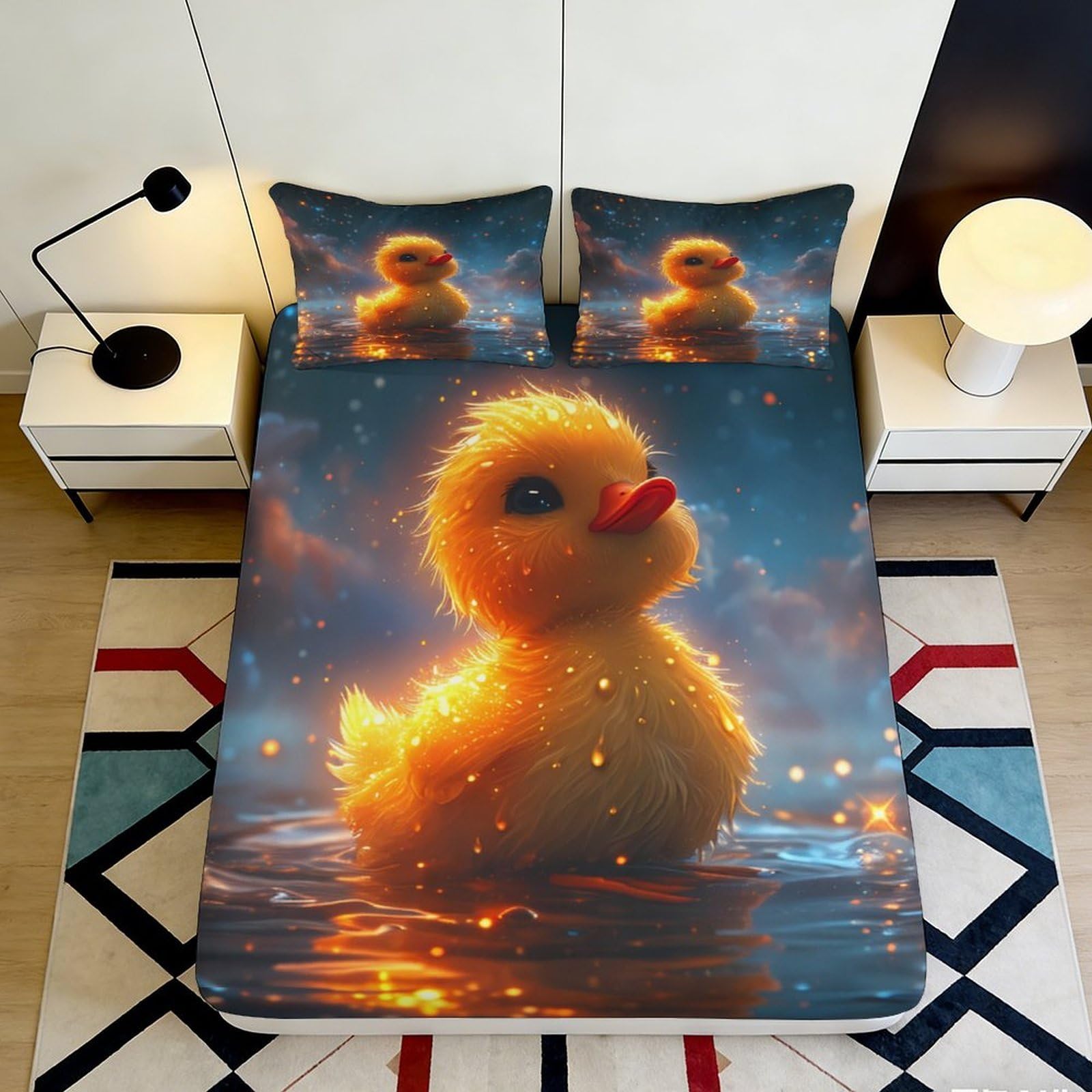 3D Printed Cute Duckling Fitted Sheet Microfiber Soft Breathable Glowing Animal Bed Cover for Bedroom Dormitory Guest Room Mattress Protection 200x200x25cm