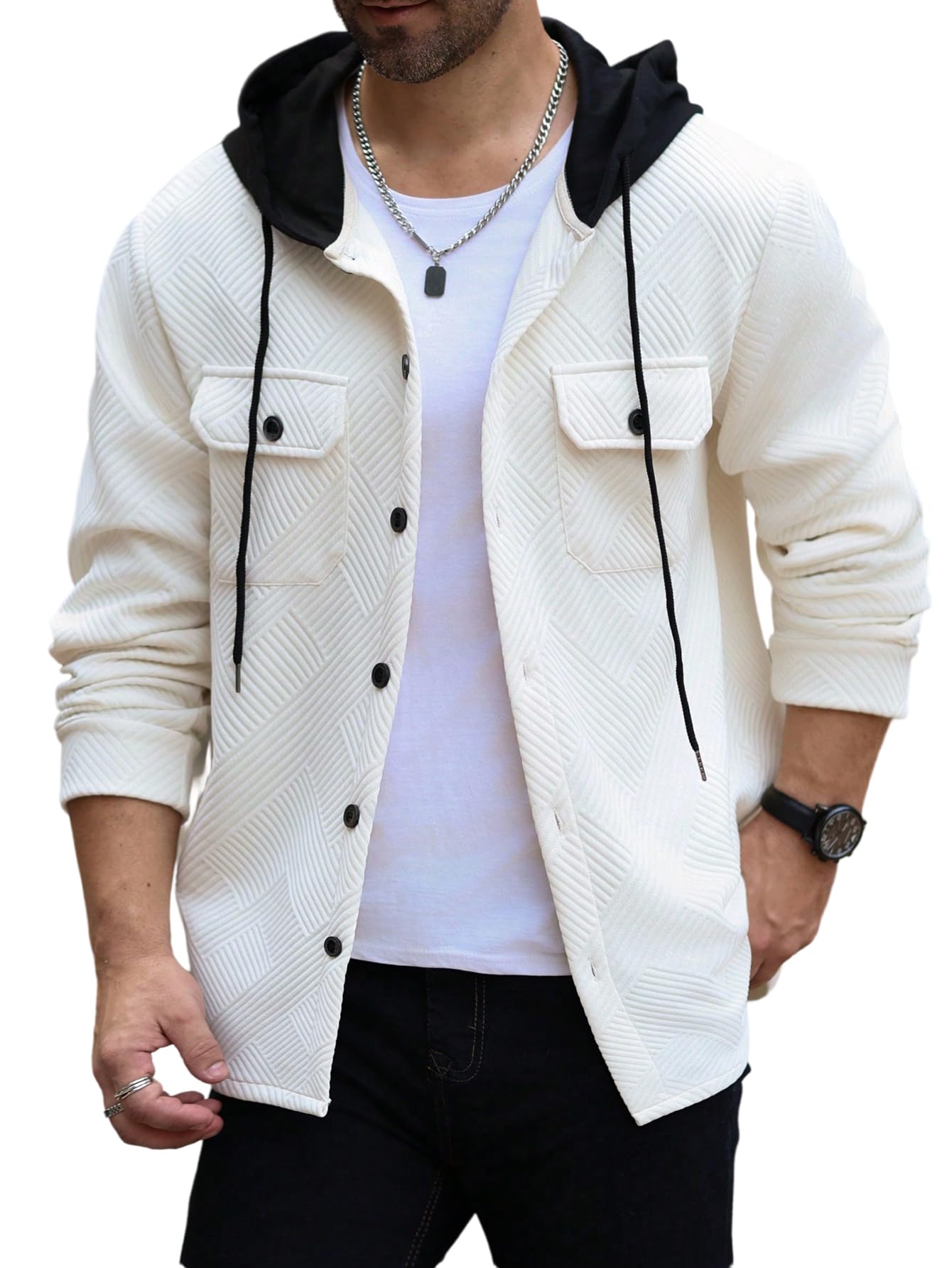 Men's Long Sleeve Button Down Shirt Jacket with Hood Color Block Hooded Jacket with Pockets