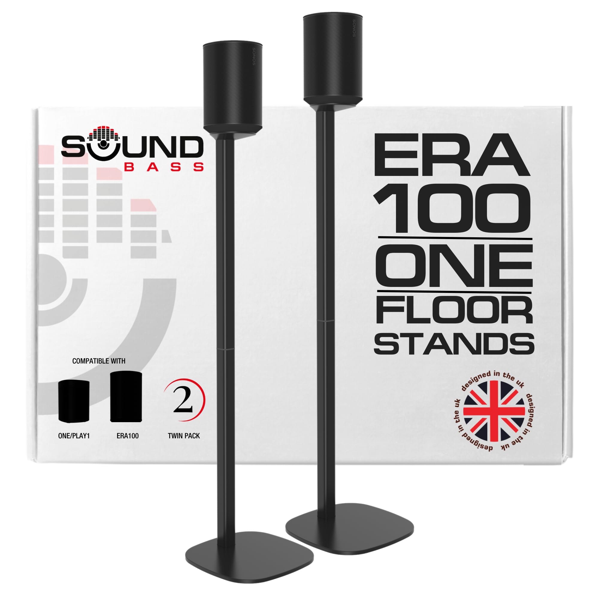 ERA100 Floor Stand, Twin (2pcs), Compatible with Sonos ERA 100, Sonos One or Play 1 Speakers, Accessories Included. Designed in The UK, Double, Pair (Black)