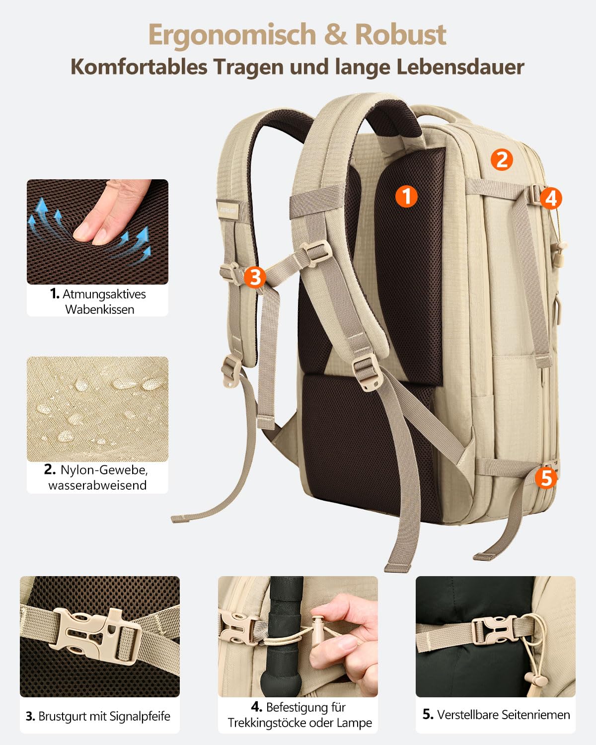 Zurligi Vakuum-Reiserucksack mit Pumpe, 40–70L, Handgepäck, Hüftgurt, Beige | Erweiterbarer Carry-on-Rucksack mit Kompression, TSA-Schloss, abnehmbarem Hüftgurt und wasserabweisendem Design für Reisen