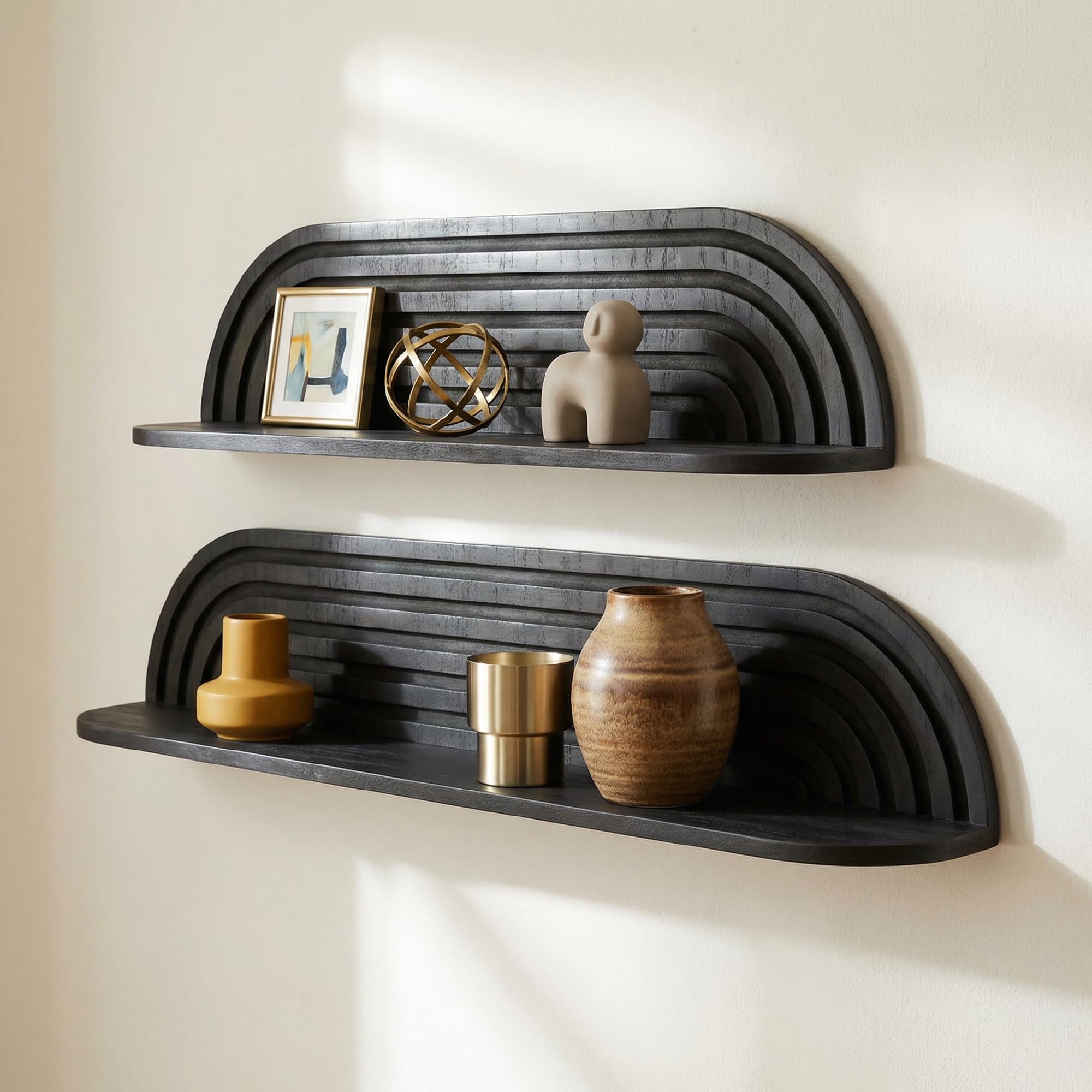 Floating Shelves for Wall - 2pc Black Set, Wall Mounted Rustic Farmhouse Solid Wood Flutted Shelves - Modern for Bedroom, Bathroom, Living Room, Kitchen Decor &amp; Storage