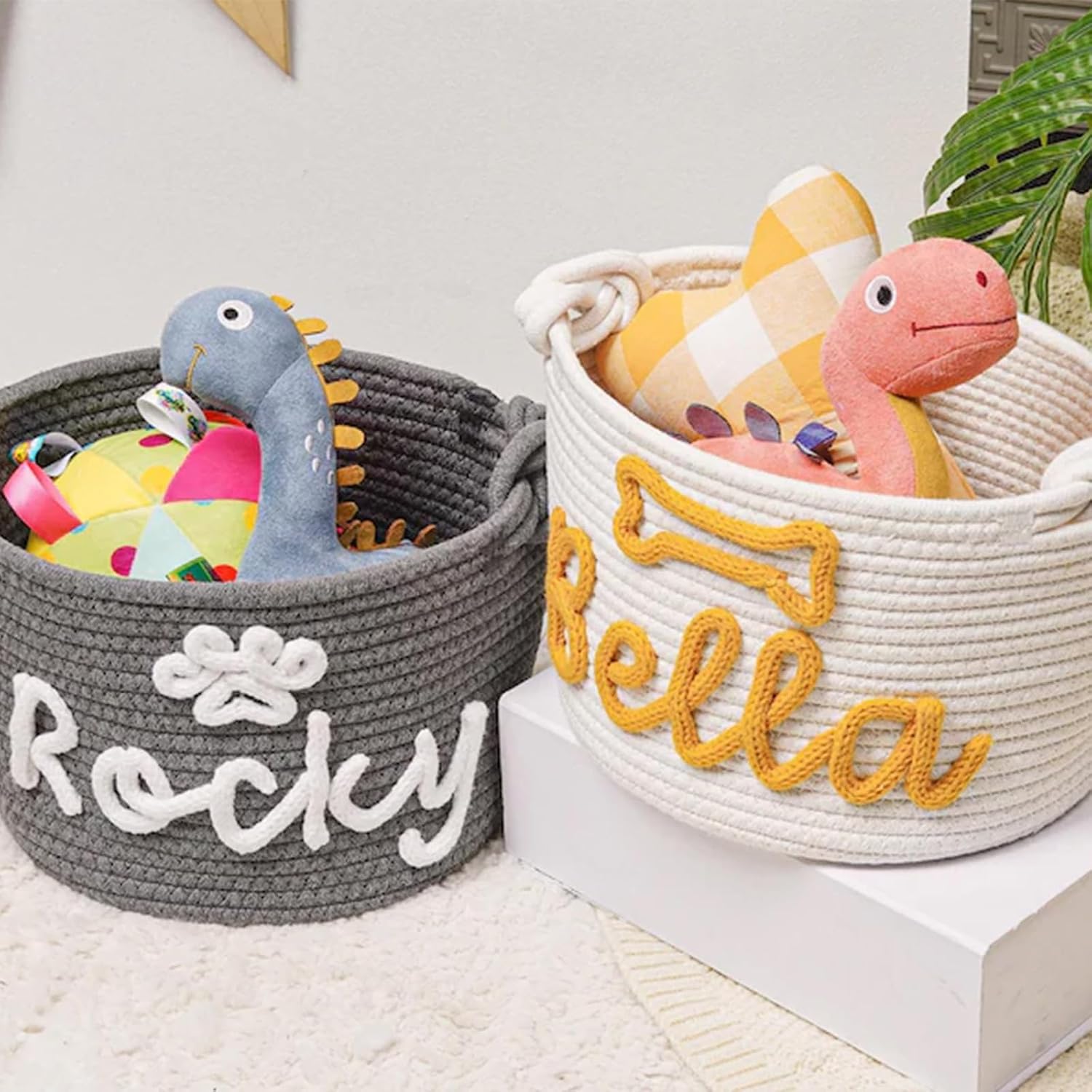 Personalized Dog Toy Storage Basket Custom Pet Woven Baskets Cotton Rope Storage Box with Pet's Name Dog Toy Storage Basket Pet Toy Storage for Dog Cat (Style F)