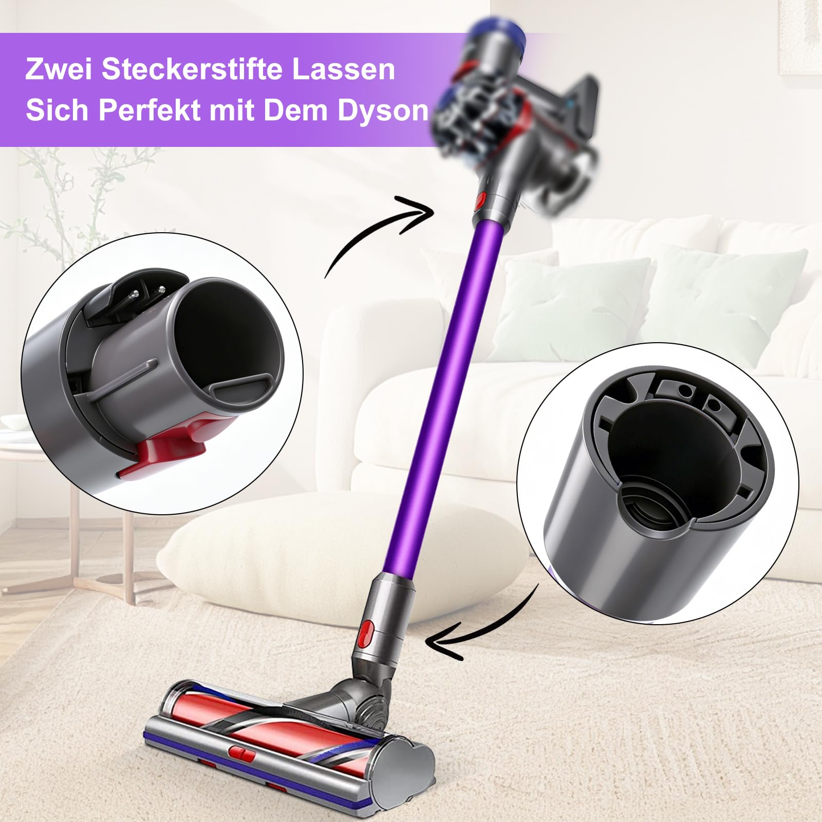 72cm Verlängerungsrohr +Weißer Gänsekopfpinsel,Kompatibel mit Dyson V7 V8 V10 V11 V15, Schnellwechsel Aluminium Rohr, Ersatzteil für Staubsauger(Lila)