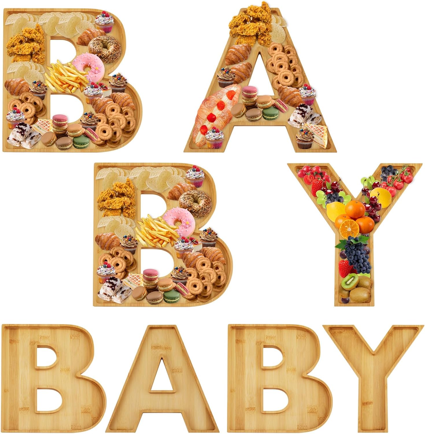 4pcs Baby Wooden Letter Charcuterie Board Box, Fillable Food Trays Candy Cupcake Container Fruit Platter for Birthday Baby Shower Party Graduation Gift Anniversary Banquet New Year