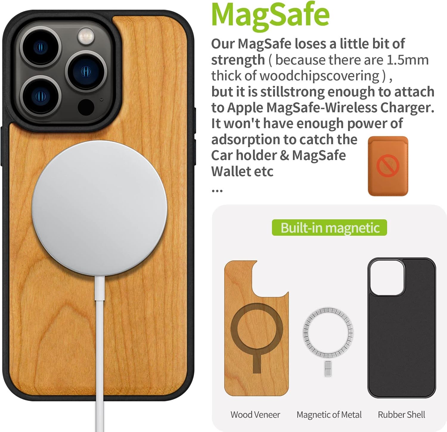 Carveit Magnetic Wood Case for iPhone 14 Pro - Natural Wood & Black Soft TPU - Shockproof Protective Cover - Unique & Classy - Compatible with MagSafe