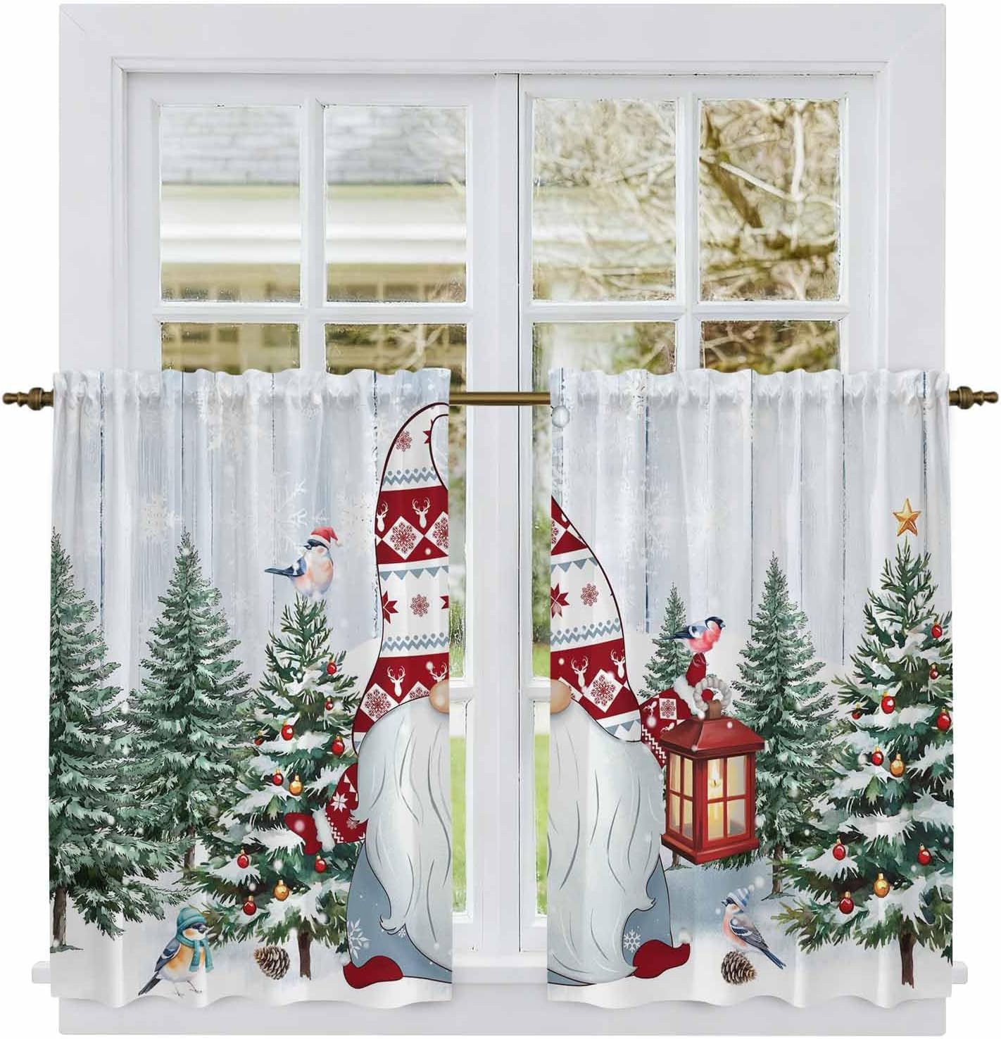 Blue Gnomes Christmas Kitchen Tier Curtains 45 Inch Long 2 Panel Set,Rod Pocket Short Window Treatment,Xmas Tree Snowflake Winter Holiday Curtains & Drapes for Bathroom Basement 27.5"W x 45"L