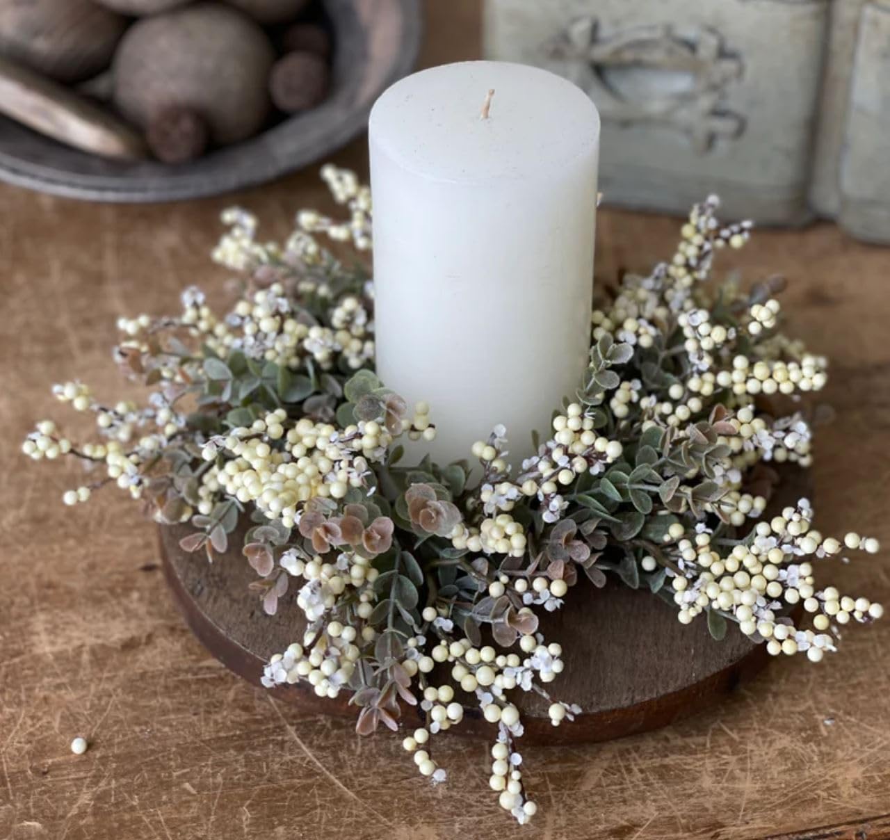 Pebble Eucalyptus Candle Ring 2 Pc Crispen New! ((2) Cream Pebble Mix)
