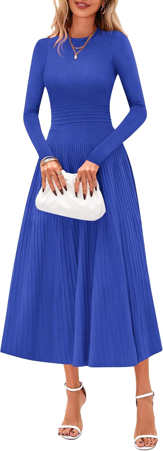 PRETTYGARDEN Fall Dresses for Women 2025 Long Sleeve Work Casual A Line Pleated Cocktail Church Midi Winter Sweater Dress