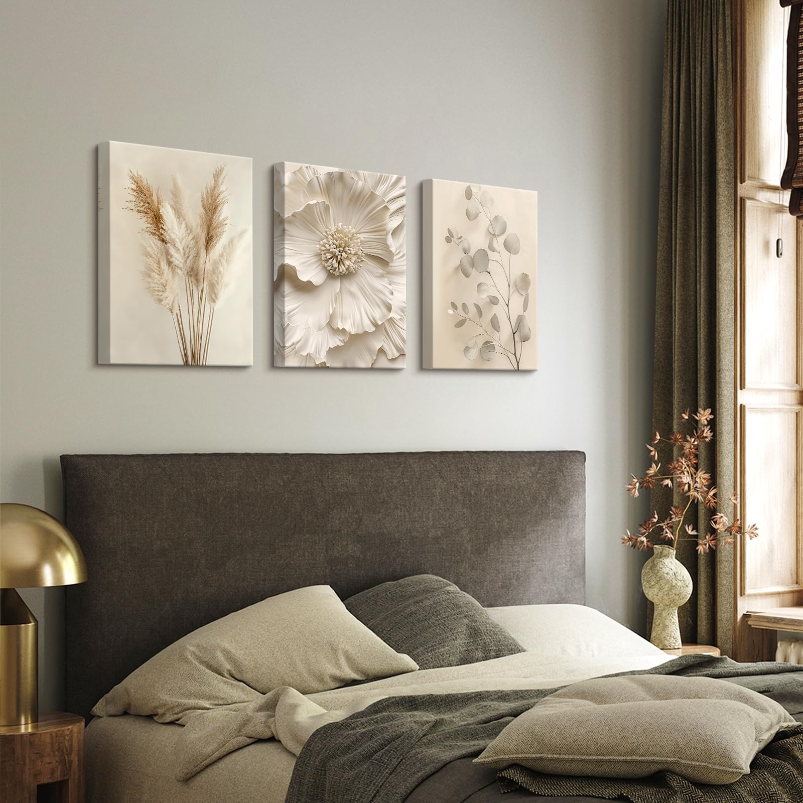 3 Pcs Wooden Framed Canvas Wall Art Beige Flower Pampas Grass Canvas Prints Cream Eucalyptus Leaf Painting Minimalist Floral Pictures for Living Room Bedroom Bathroom Wall Decor 40x60 cm x3pcs - Image 3