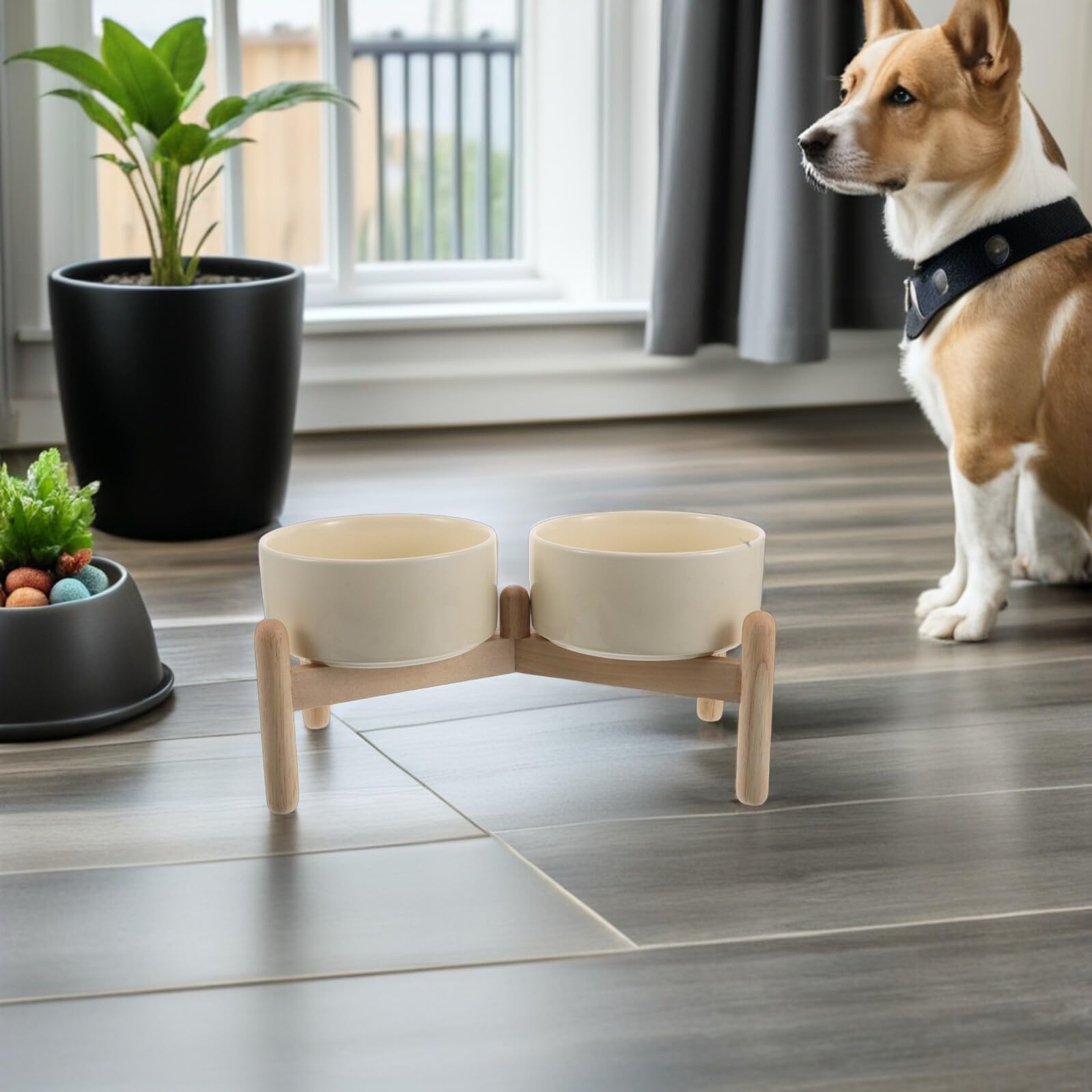 Podwyższona Ceramiczna dla Psa z Drewnianym Stojakiem Podwójne Antypoślizgowe Naczynia Karmę i Wodę Podniesione Miski dla Małych Ras Trwałe i Łatwe Do Czyszczenia