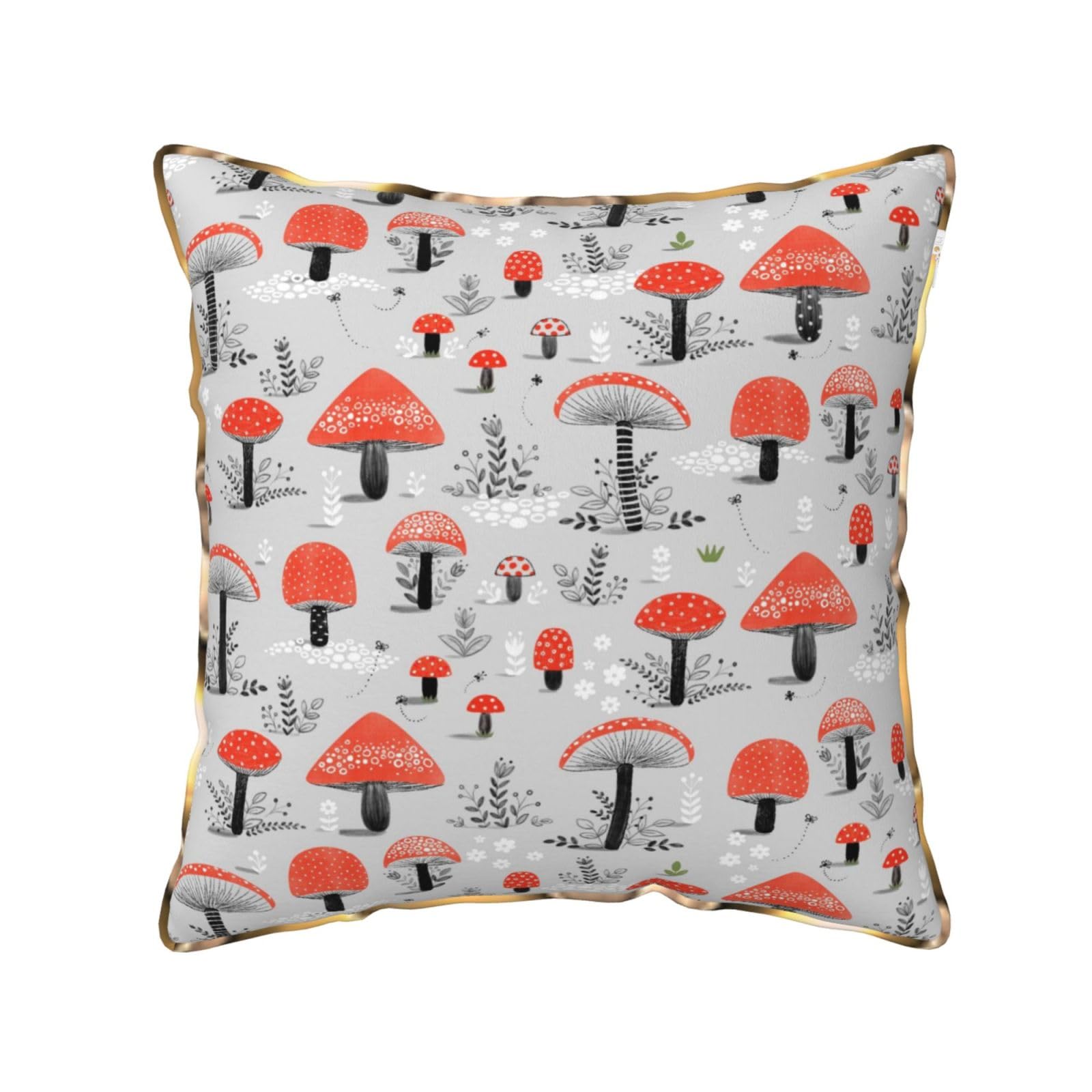 AUBKFELD Cartoon Mushrooms Printed Velvet Cushion Cover 40x40 CM with Gold Edging Strip, Square Pillowcase Soft Throw Pillow Covers Case Decorative for Living Room Sofa Couch Bed Bench
