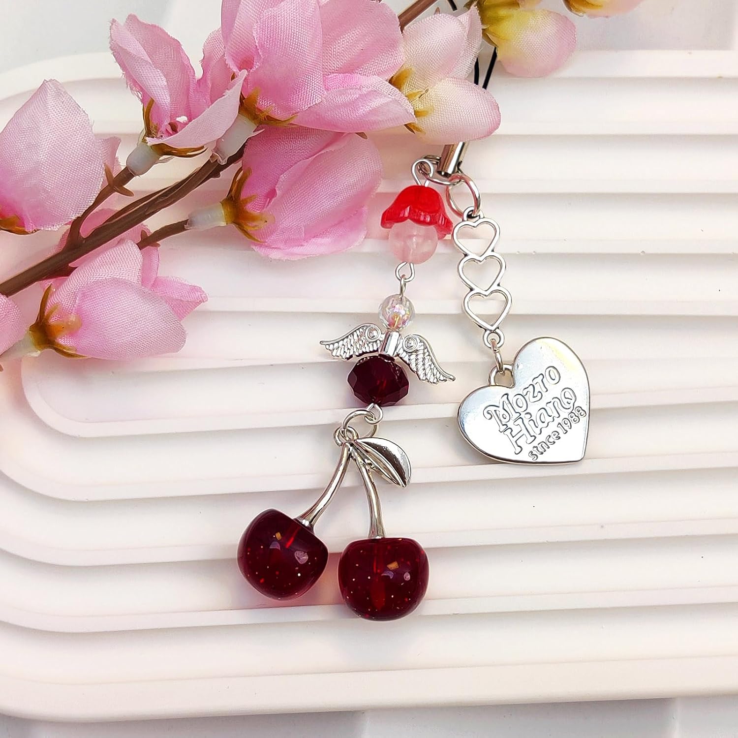 Phone Charms Strap Cute Cherry CellPhone Straps Aesthetic Pink Red Black BlueCherry Phone Chain for Camera Keychain Bag Pendant Decor Gift image 5