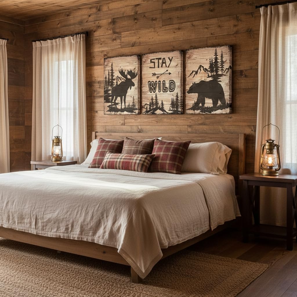 DuoBaorom Woodland Cabin Decor Moose and Bear Silhouettes Print 3 Piece Wall Art 12 x 16 inches