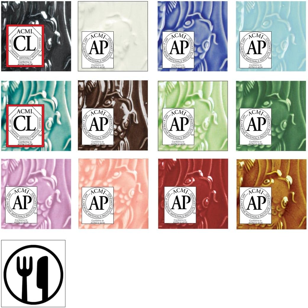 AMACO Liquid Gloss Glazes Grades 7-12 12-Pint Class Pack 2, 12 Assorted Colors, Low Fire Cone 05 "LG" Gloss Glazes for Bisque