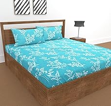 300 TC All Around Cotton Floral Elastic Fitted Bedsheets King Size,Premium with Elastic Fitted Bedsheets for Double Bed with 2 Pillow Covers,Size 78" X 72"(Aquamarine Blue)