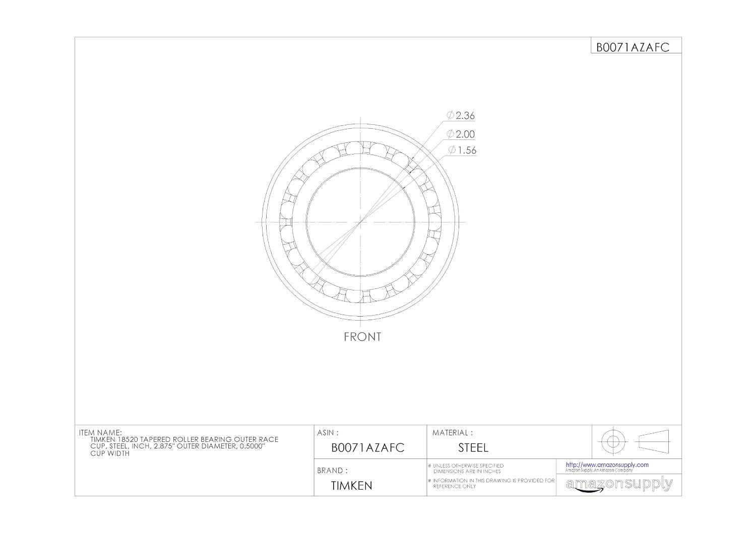 Timken 18520 Tapered Roller Bearing Outer Race Cup, Steel, Inch, 2.875" Outer Diameter, 0.5000" Cup Width