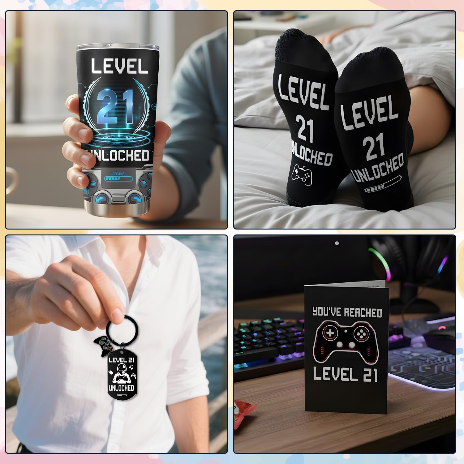 4Pcs 21th Birthday Gifts Set, Cool 21 Year Old Birthday Gift Ideas for Boys Son Grandson Nephew Brother from Mom Dad, Gamer Presents for with 20oz Tumbler Funny Socks Keychain Cards - Image 3