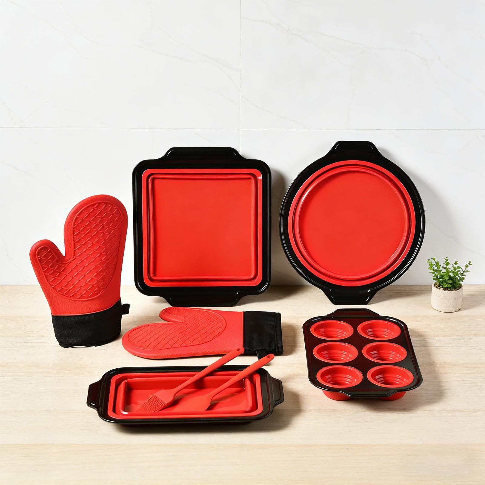 Juego de Moldes de Silicona para Hornear apilable y apto al lavavajillas | con Guante, Rasqueta y Cepillo Set Antiadherente para Hornear Resistente al Lavavajillas, para Magdalenas, Pan, Galletas