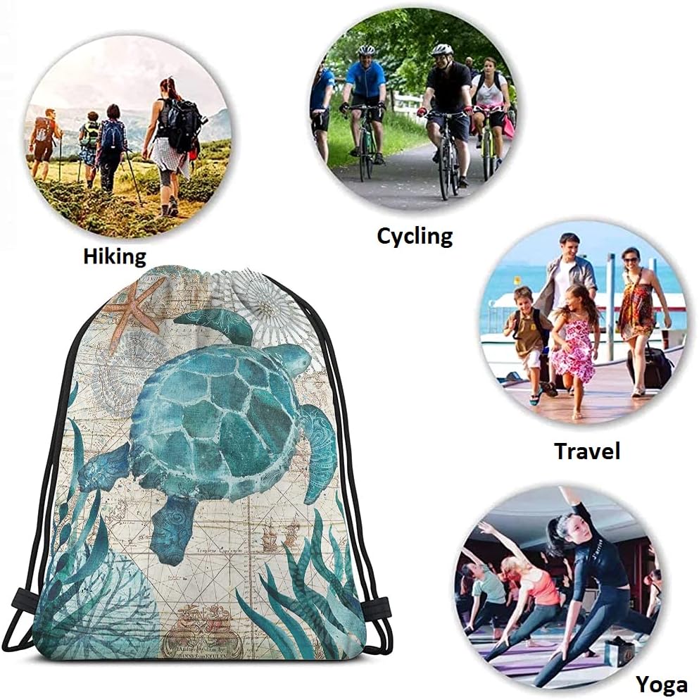 Sea Turtle Drawstring Bags Backpack Bag Mediterranea Style Sea Theme Outdoor Beach Coastal Animal Sea Fish Sport Gym Sack Drawstring Bag String Bag Yoga Bag for Men Women