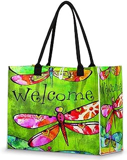 Bolsa feminina - Dragonfly reutilizável sacolas de compras de supermercado com alças Bem-vindo grande bolsa de praia bolsa de ombro bolsas de trabalho bolsas de mão resistentes para praia, compras, trabalho, viagens, Multicolor