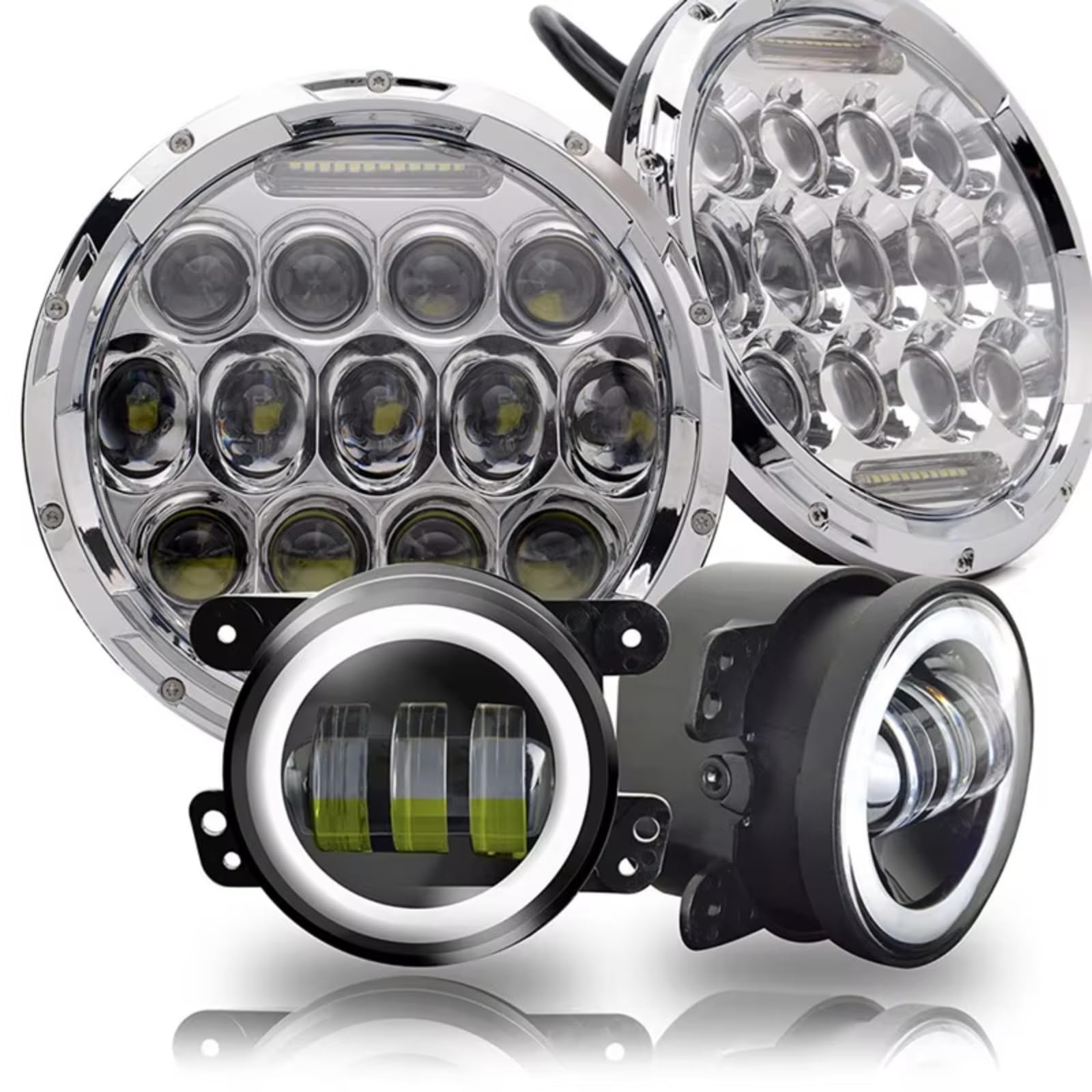 Fari Per Auto Per Jeep Per Wrangler JK JKU Per Rubicon Per Sahara 2007-2018 Auto 75W Rotondo 7 "Fari A LED + 4" Led Fendinebbia Halo Paraurti Anteriore Set Luci(Chrome)