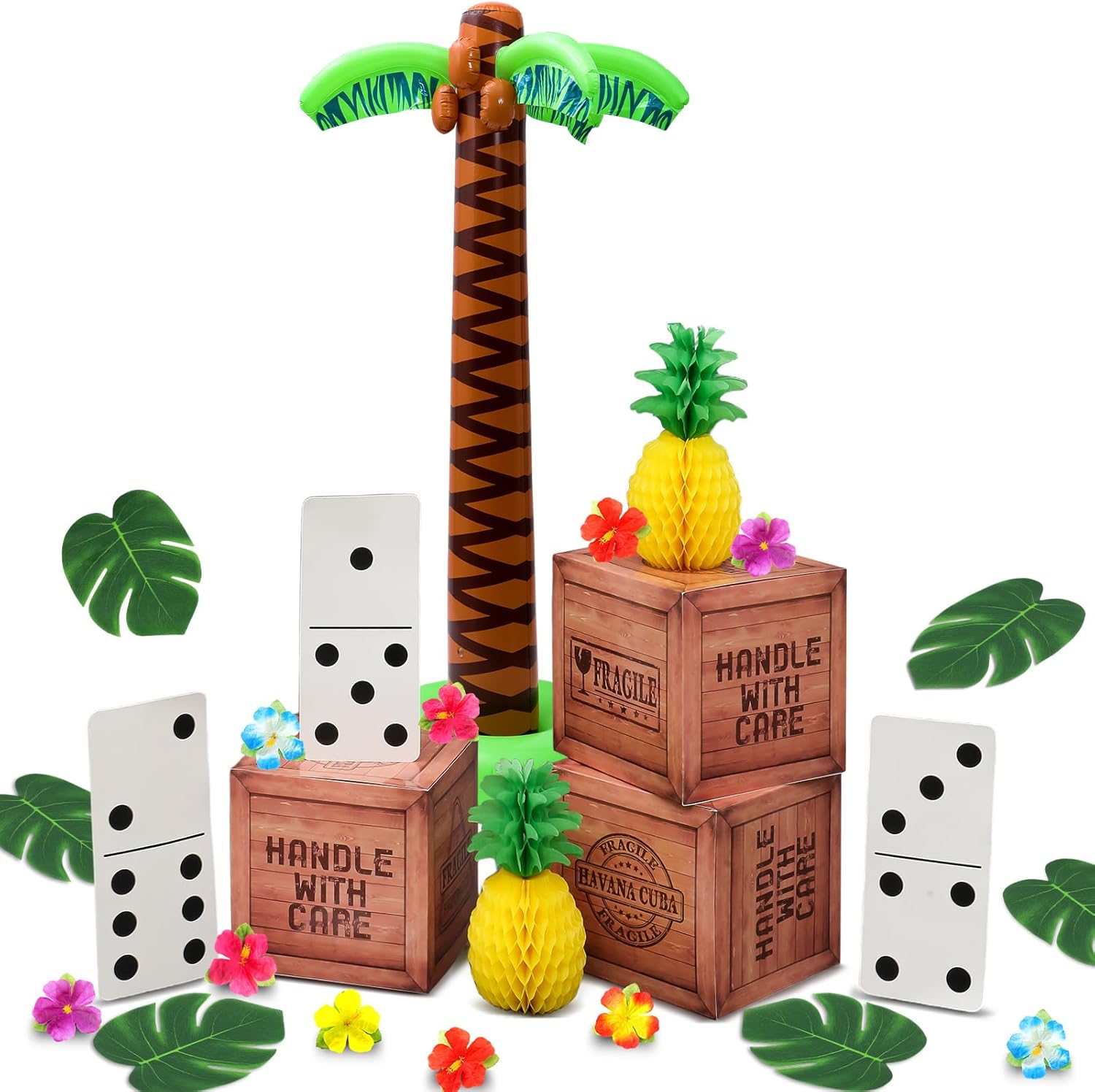 Ceenna 21 Pcs Havana Party Decorations Havana Night Birthday Party Decor with Paper Board Paper Boxes Tropical Palm Leaves Inflatable Coconut Palm Tree Pineapples Hibiscus Flowers